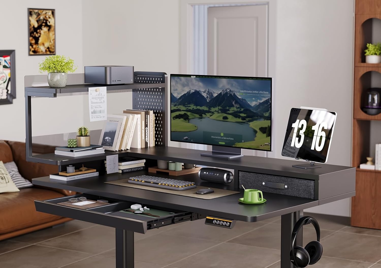 image:imageClaiks Electric Standing Desk 48 x 24 Inches Height Adjustable Desk with Removable Shelves Stand Up Desks Computer Workstation Black
