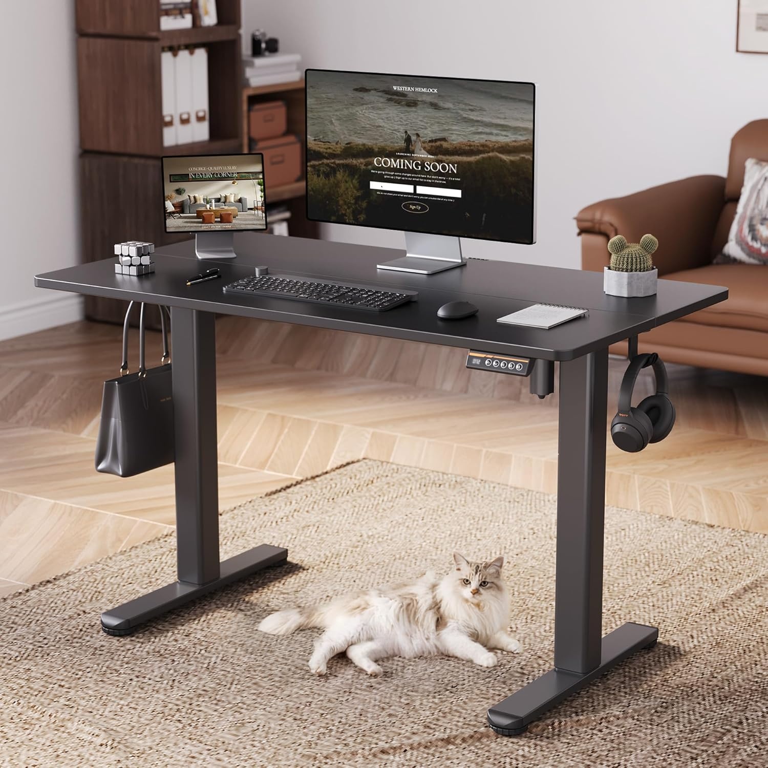 image:imageClaiks Electric Standing Desk Adjustable Height Stand up Desk 40x24 Inches Sit Stand Home Office Desk with Splice Board Black FrameRustic Brown TopBlack