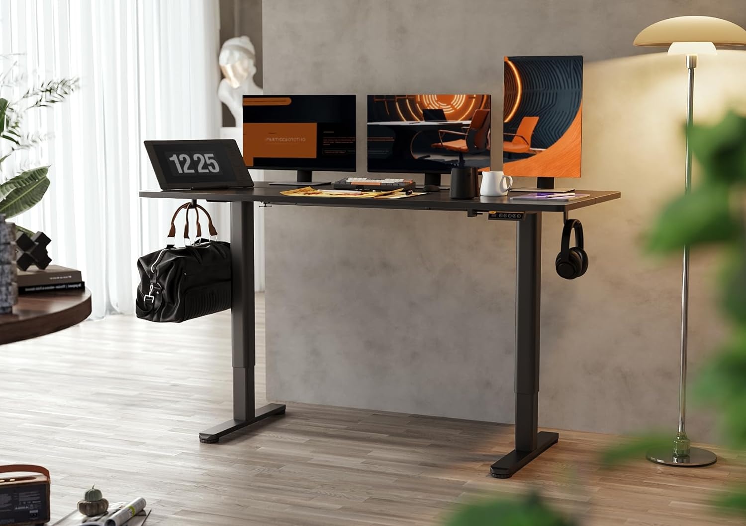 image:imageClaiks Electric Standing Desk Adjustable Height Stand up Desk 40x24 Inches Sit Stand Home Office Desk with Splice Board Black FrameRustic Brown TopBlack