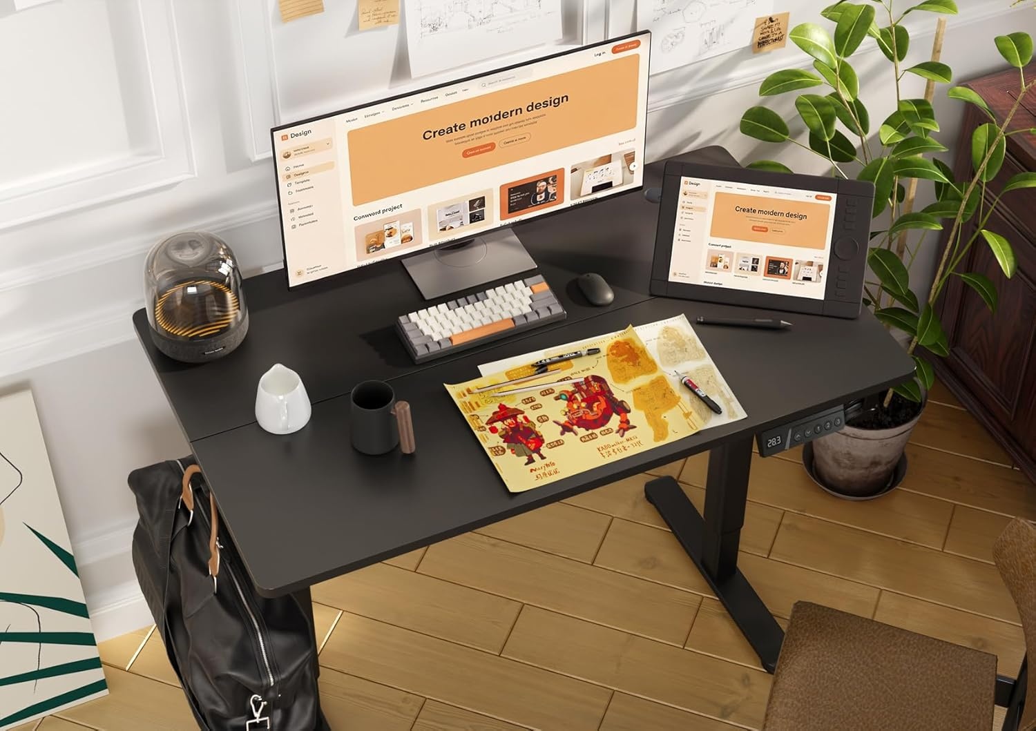 image:imageClaiks Electric Standing Desk Adjustable Height Stand up Desk 40x24 Inches Sit Stand Home Office Desk with Splice Board Black FrameRustic Brown TopBlack