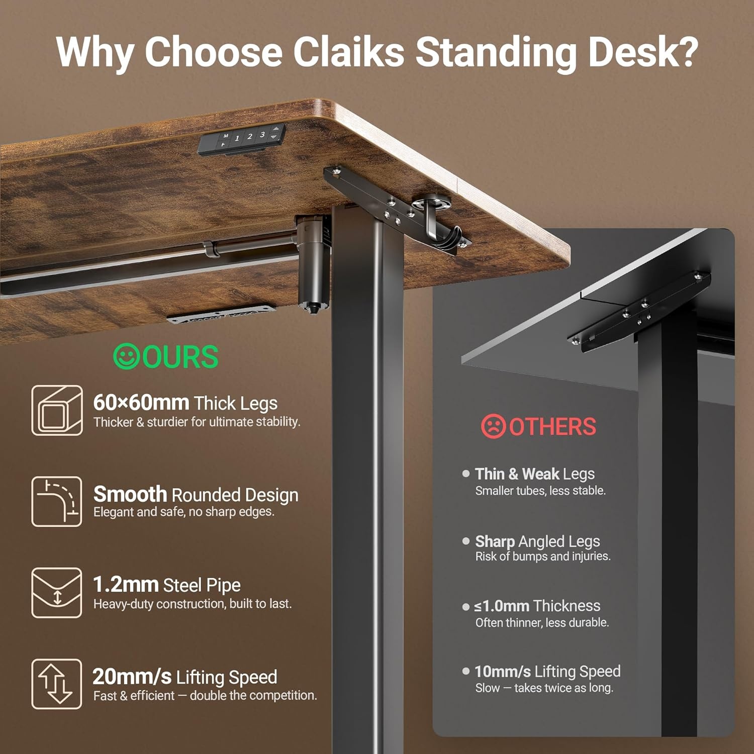image:imageClaiks Electric Standing Desk Adjustable Height Stand up Desk 40x24 Inches Sit Stand Home Office Desk with Splice Board Black FrameRustic Brown TopRustic Brown