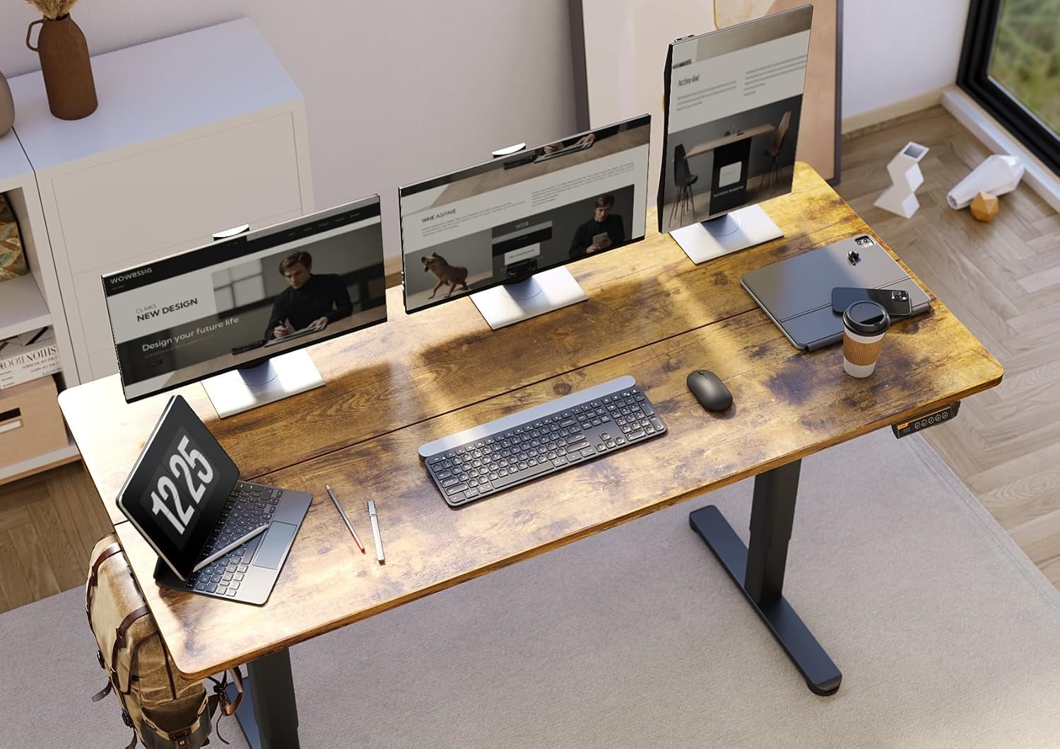 image:imageClaiks Electric Standing Desk Adjustable Height Stand up Desk 40x24 Inches Sit Stand Home Office Desk with Splice Board Black FrameRustic Brown TopRustic Brown