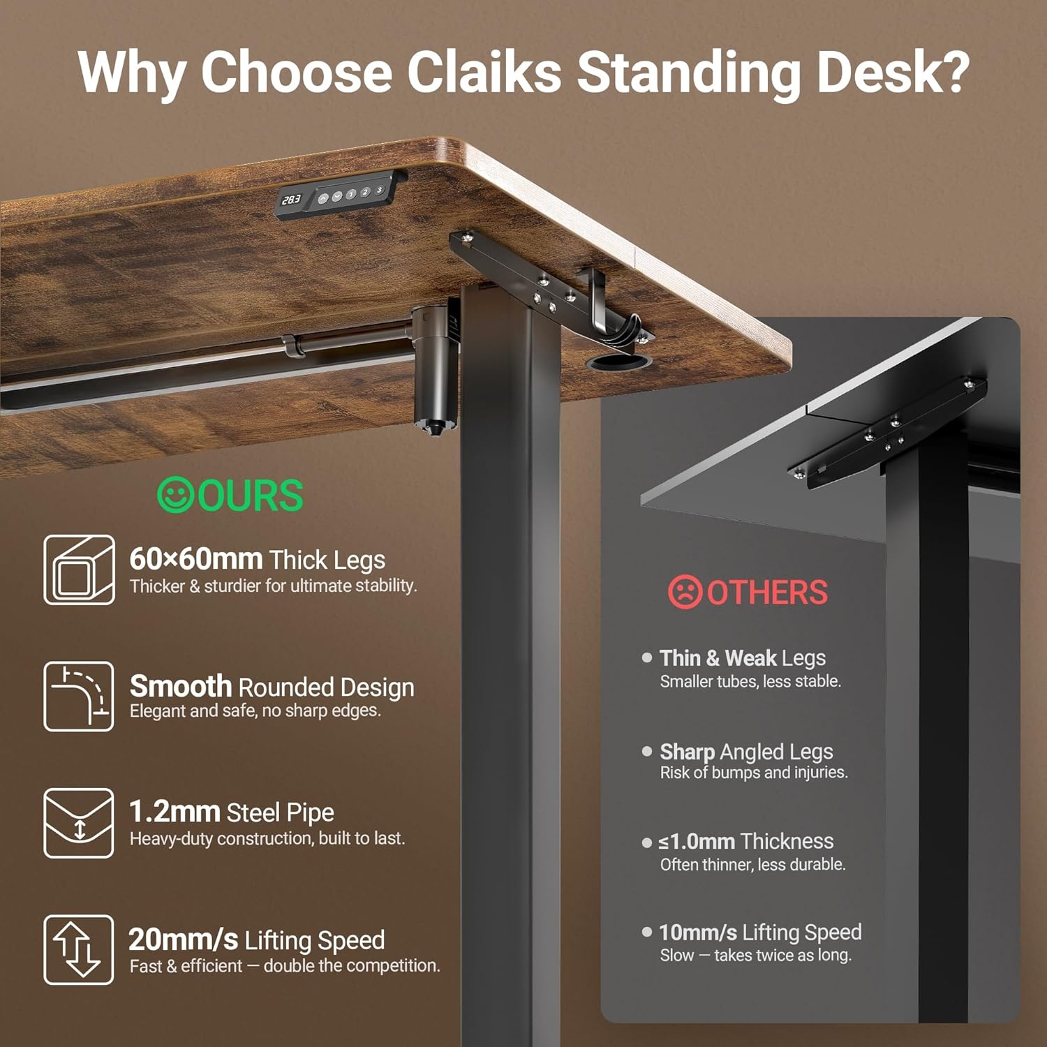 image:imageClaiks Electric Standing Desk Adjustable Height Stand up Desk 40x24 Inches Sit Stand Home Office Desk with Splice Board Black FrameRustic Brown TopRustic Brown