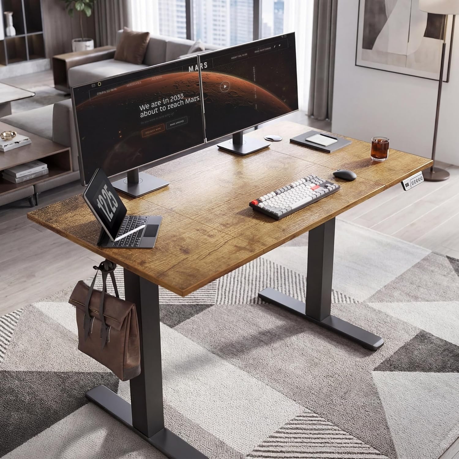 image:imageClaiks Electric Standing Desk Adjustable Height Stand up Desk 40x24 Inches Sit Stand Home Office Desk with Splice Board Black FrameRustic Brown TopVintage Browns
