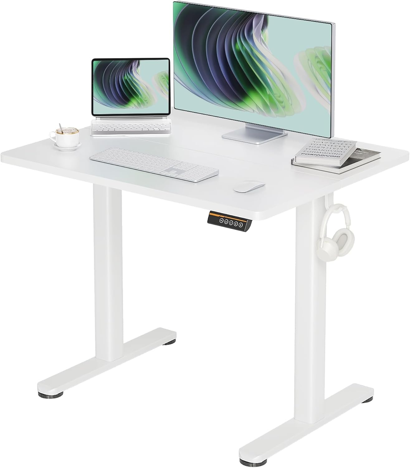 image:imageClaiks Electric Standing Desk Adjustable Height Stand up Desk 40x24 Inches Sit Stand Home Office Desk with Splice Board Black FrameRustic Brown TopWhite