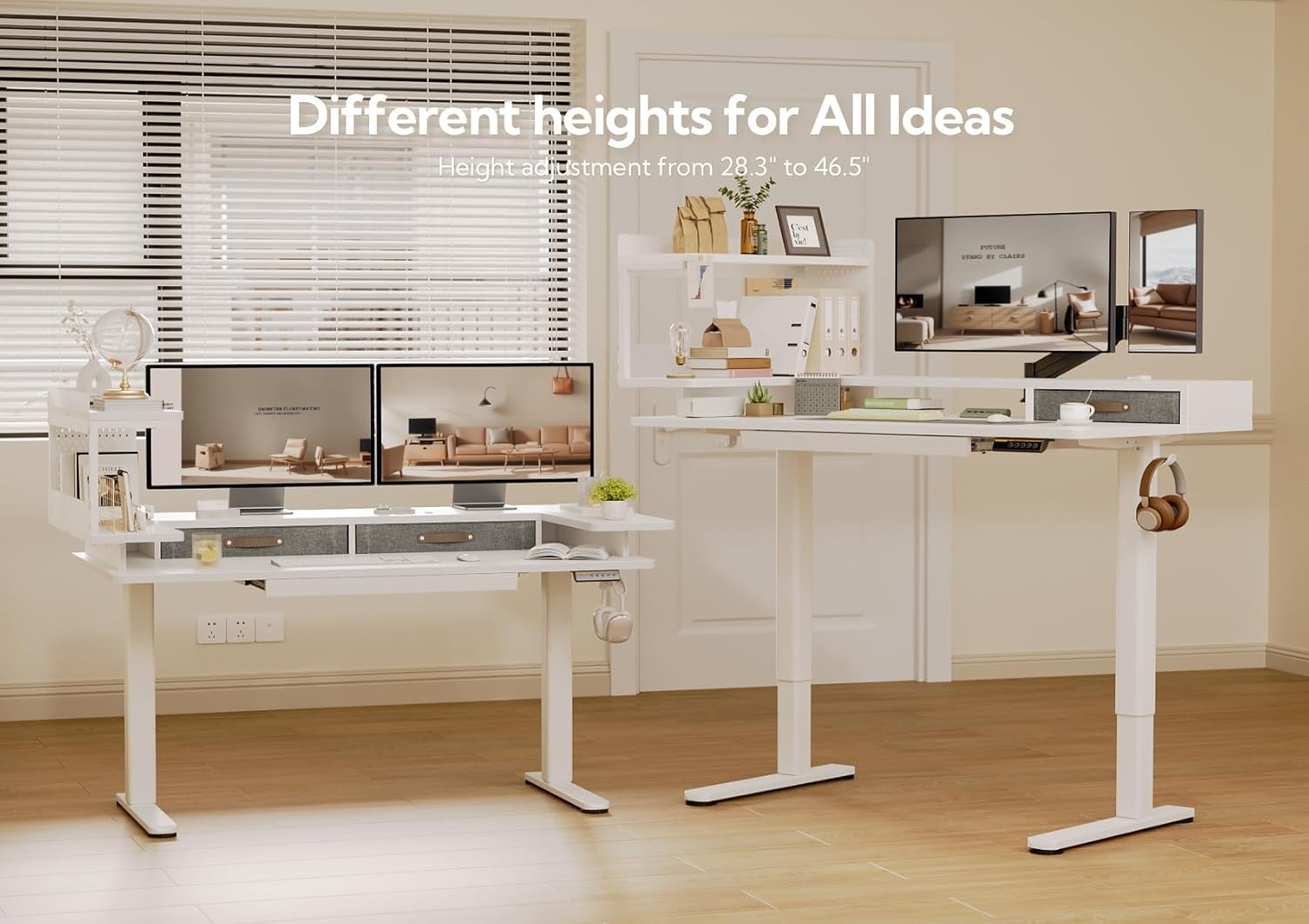 image:imageClaiks Electric Standing Desk with Monitor Stand 48 x 24 Inches Electric Height Adjustable Desk with Removable Shelves White