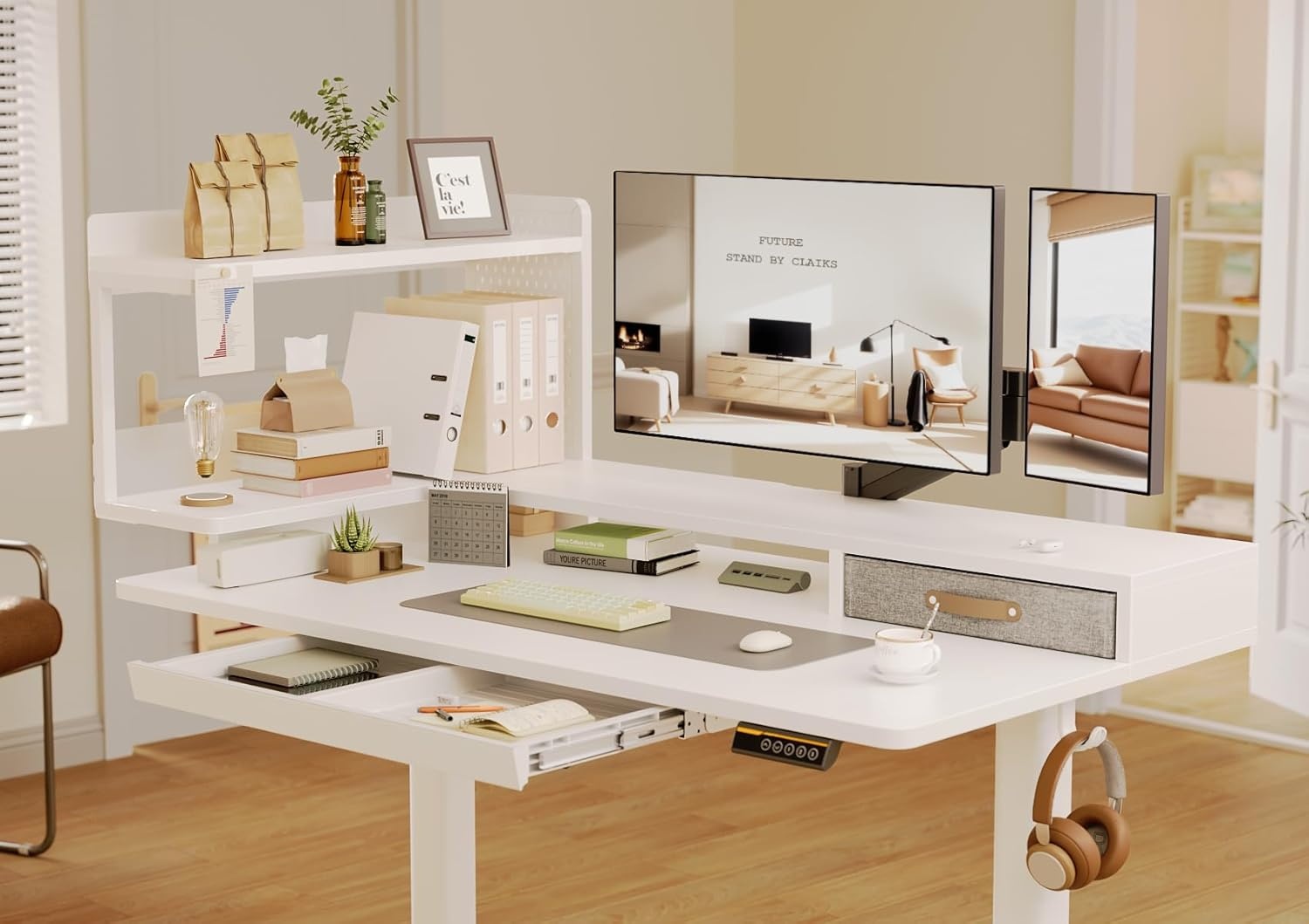 image:imageClaiks Electric Standing Desk with Monitor Stand 48 x 24 Inches Electric Height Adjustable Desk with Removable Shelves White