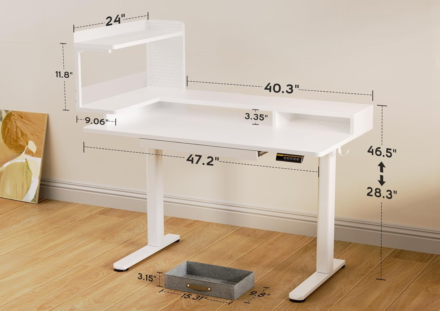 image:imageClaiks Electric Standing Desk with Monitor Stand 48 x 24 Inches Electric Height Adjustable Desk with Removable Shelves White