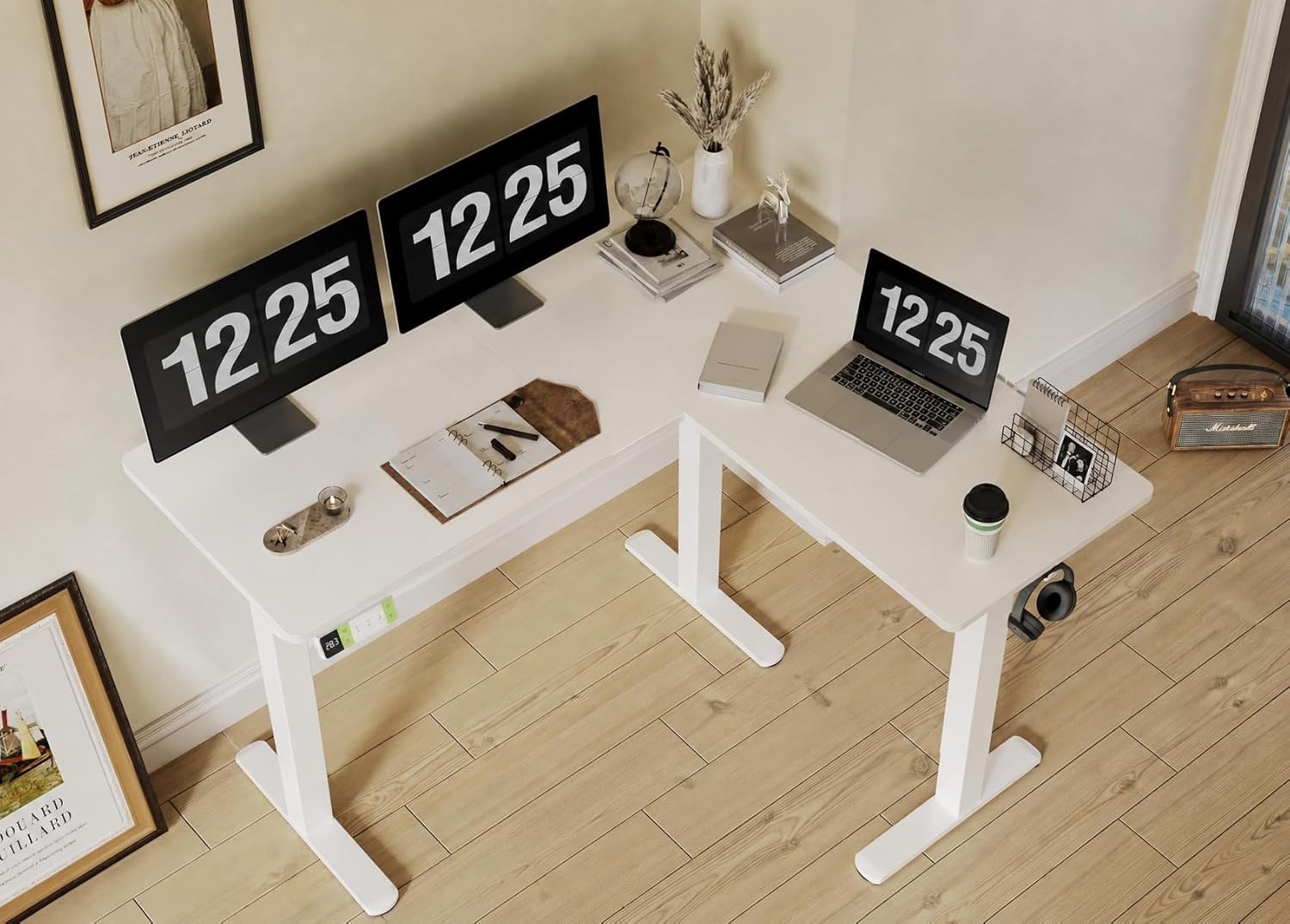 image:imageClaiks L Shaped Height Adjustable Electric Standing Desk with Dual Motors and Headphone Hook59 Corner Sit Stand Desk with Memory Presets for Home Office amp Gaming BlackWhite