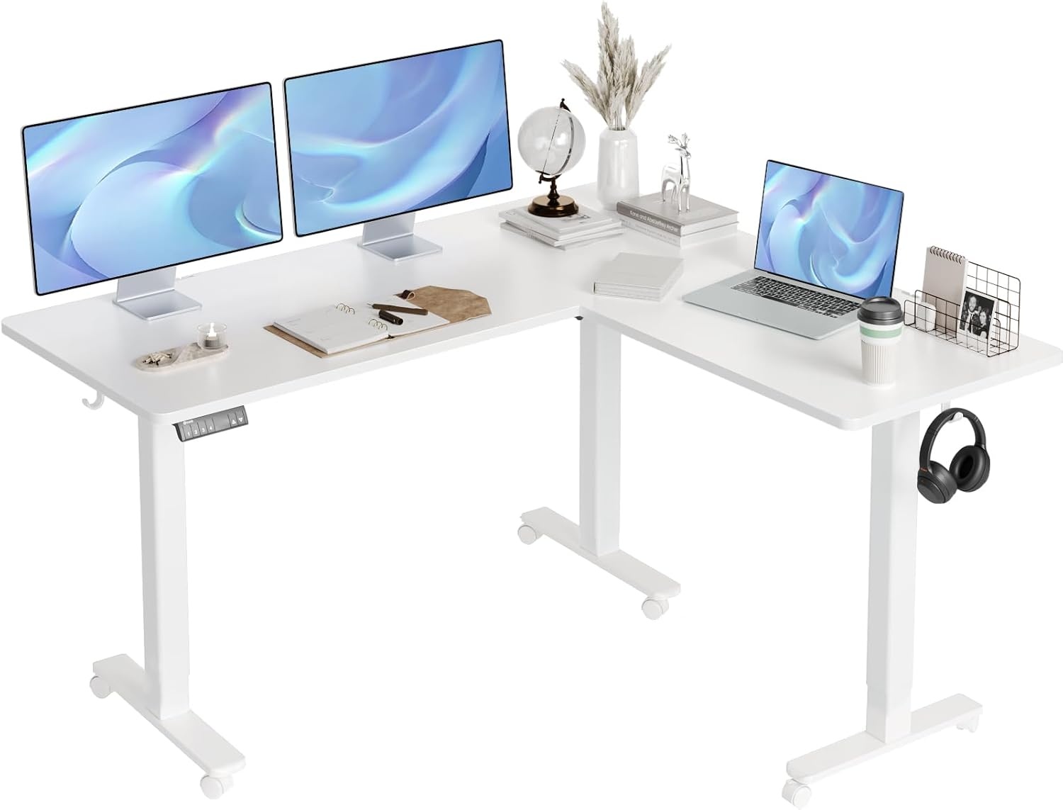image:imageClaiks L Shaped Height Adjustable Electric Standing Desk with Dual Motors and Headphone Hook59 Corner Sit Stand Desk with Memory Presets for Home Office amp Gaming BlackWhite