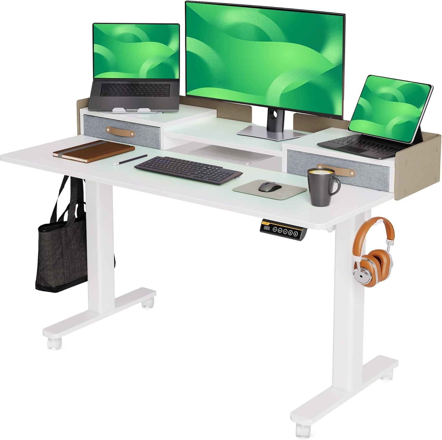 image:imageClaiks Standing Desk with Drawers Stand Up Electric Standing Desk Adjustable Height Sit Stand Desk with Storage Shelf and Splice Board 48 Inch NaturalWhite