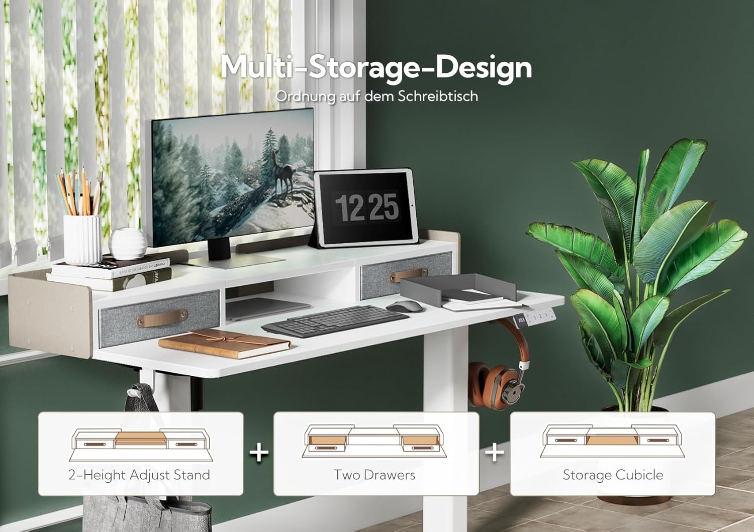 image:imageClaiks Standing Desk with Drawers Stand Up Electric Standing Desk Adjustable Height Sit Stand Desk with Storage Shelf and Splice Board 48 Inch NaturalWhite