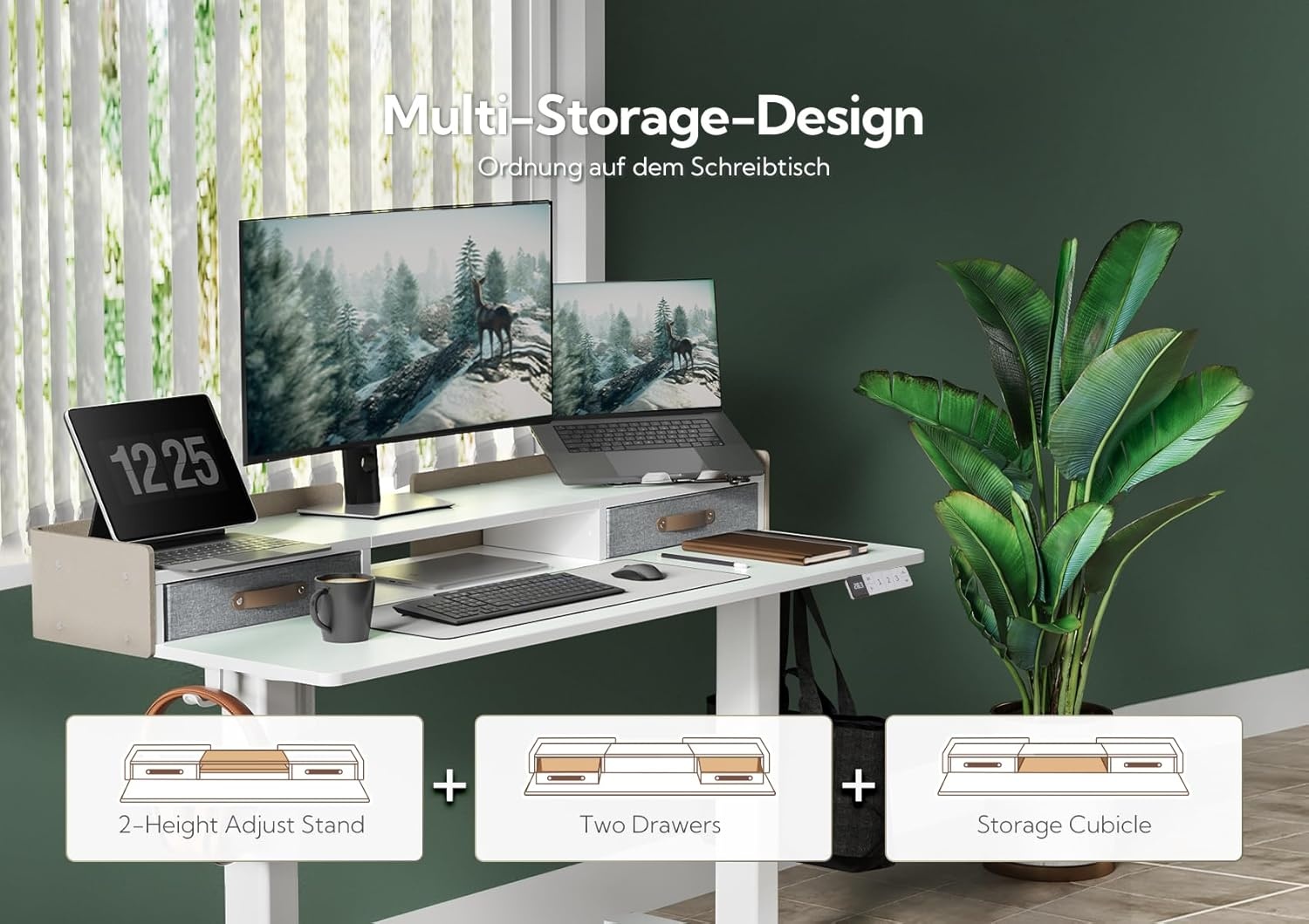 image:imageClaiks Standing Desk with Drawers Stand Up Electric Standing Desk Adjustable Height Sit Stand Desk with Storage Shelf and Splice Board 48 Inch NaturalWhite