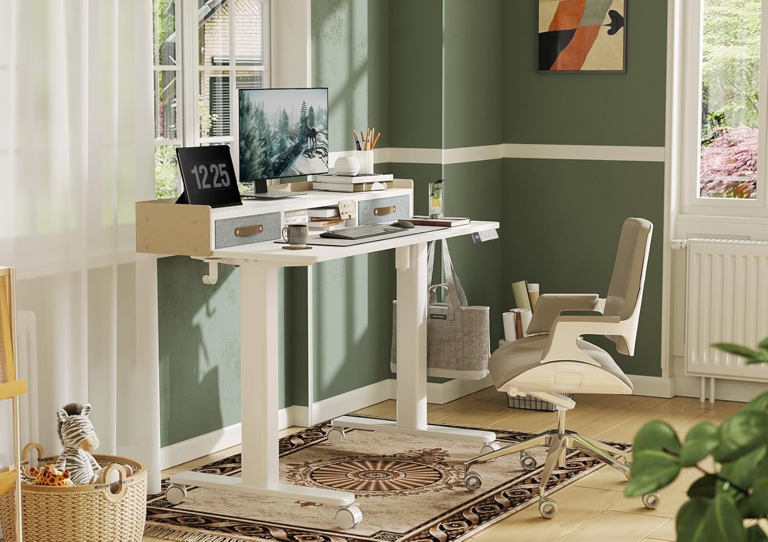 image:imageClaiks Standing Desk with Drawers Stand Up Electric Standing Desk Adjustable Height Sit Stand Desk with Storage Shelf and Splice Board 48 Inch NaturalWhite