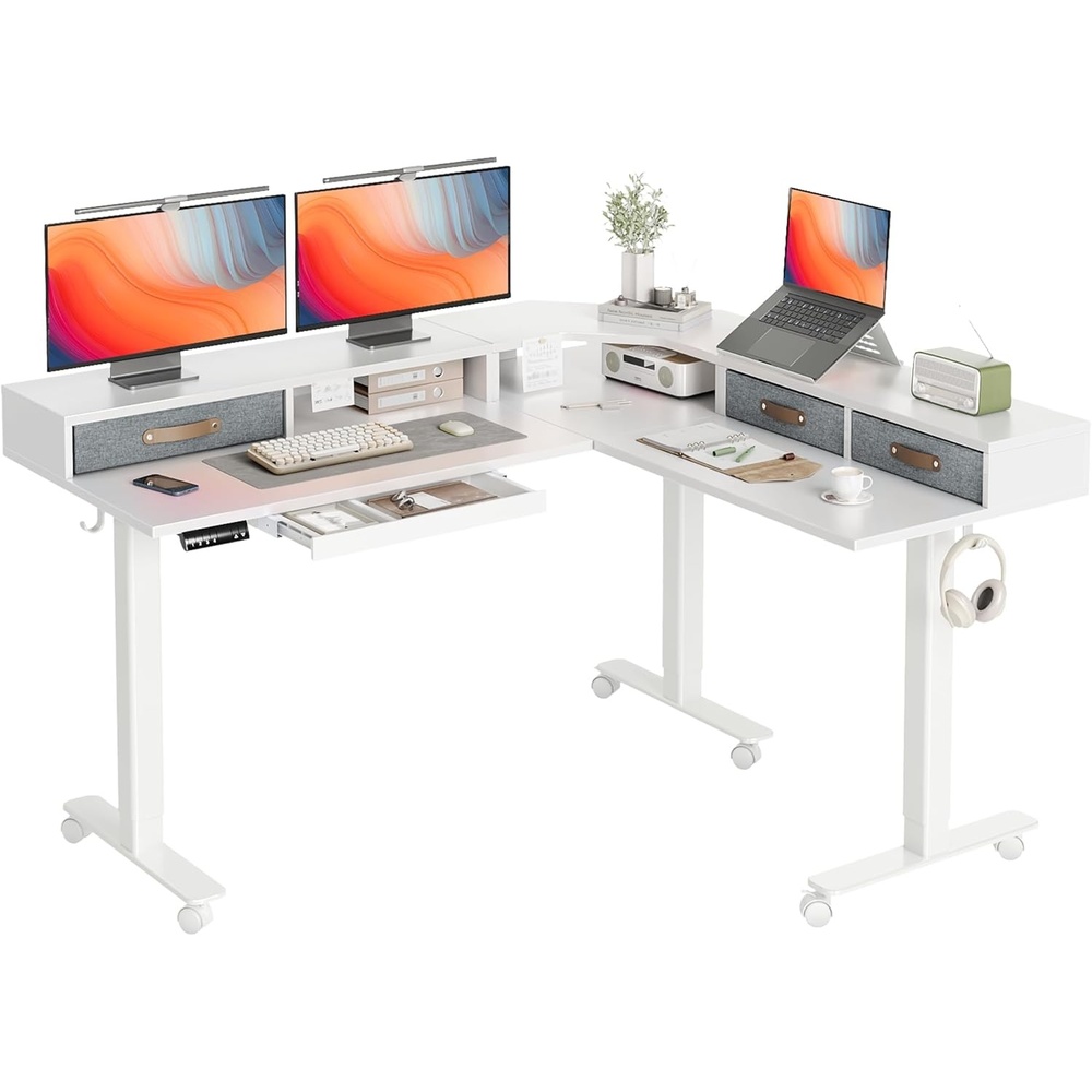 image:imageClaiks Dual Motor 63 L Shaped Standing Desk with Drawers Electric Height Adjustable Standing Desk with Monitor Stand amp Splice Board Black FrameRustic Brown TopWhite