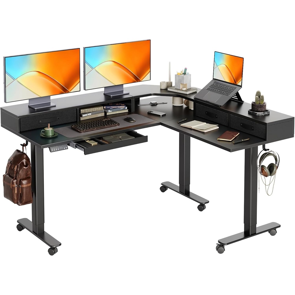 image:imageClaiks Dual Motor 63 L Shaped Standing Desk with Drawers Electric Height Adjustable Standing Desk with Monitor Stand amp Splice Board Black FrameRustic Brown TopBlack