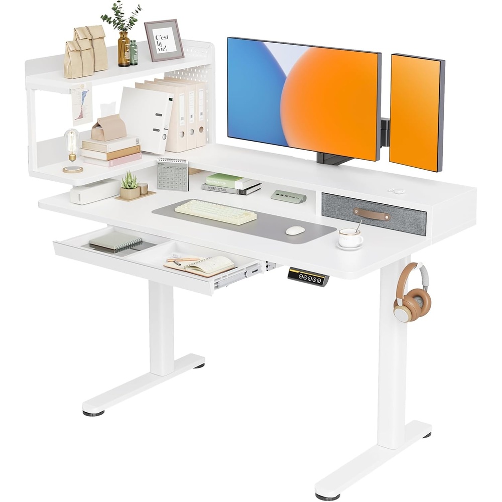 image:imageClaiks Electric Standing Desk with Monitor Stand 48 x 24 Inches Electric Height Adjustable Desk with Removable Shelves White