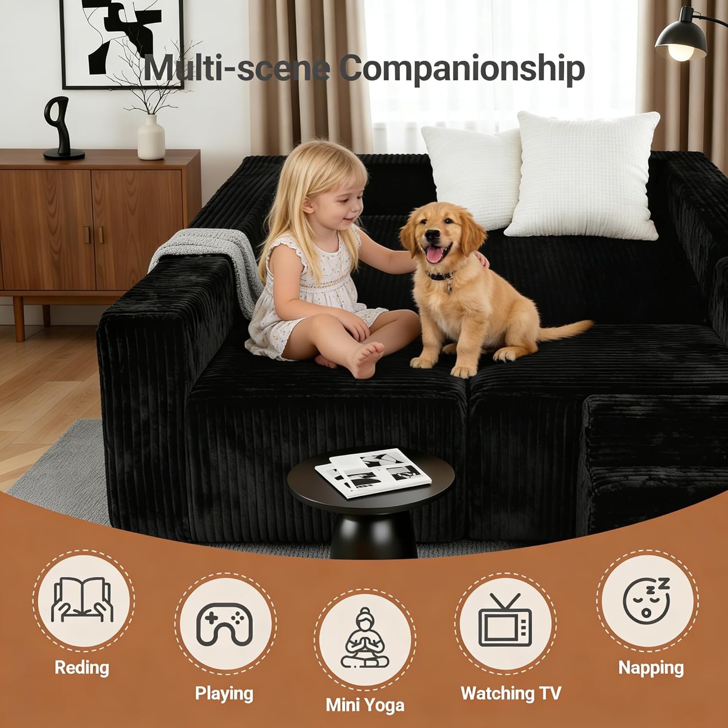 image:imageClaiks 128 Modular U Shaped Boneless Couch Oversized Sectional Bonless Couches for Living Room Modern Sofa with Pet Stairs No Assembly Required BlackBlack