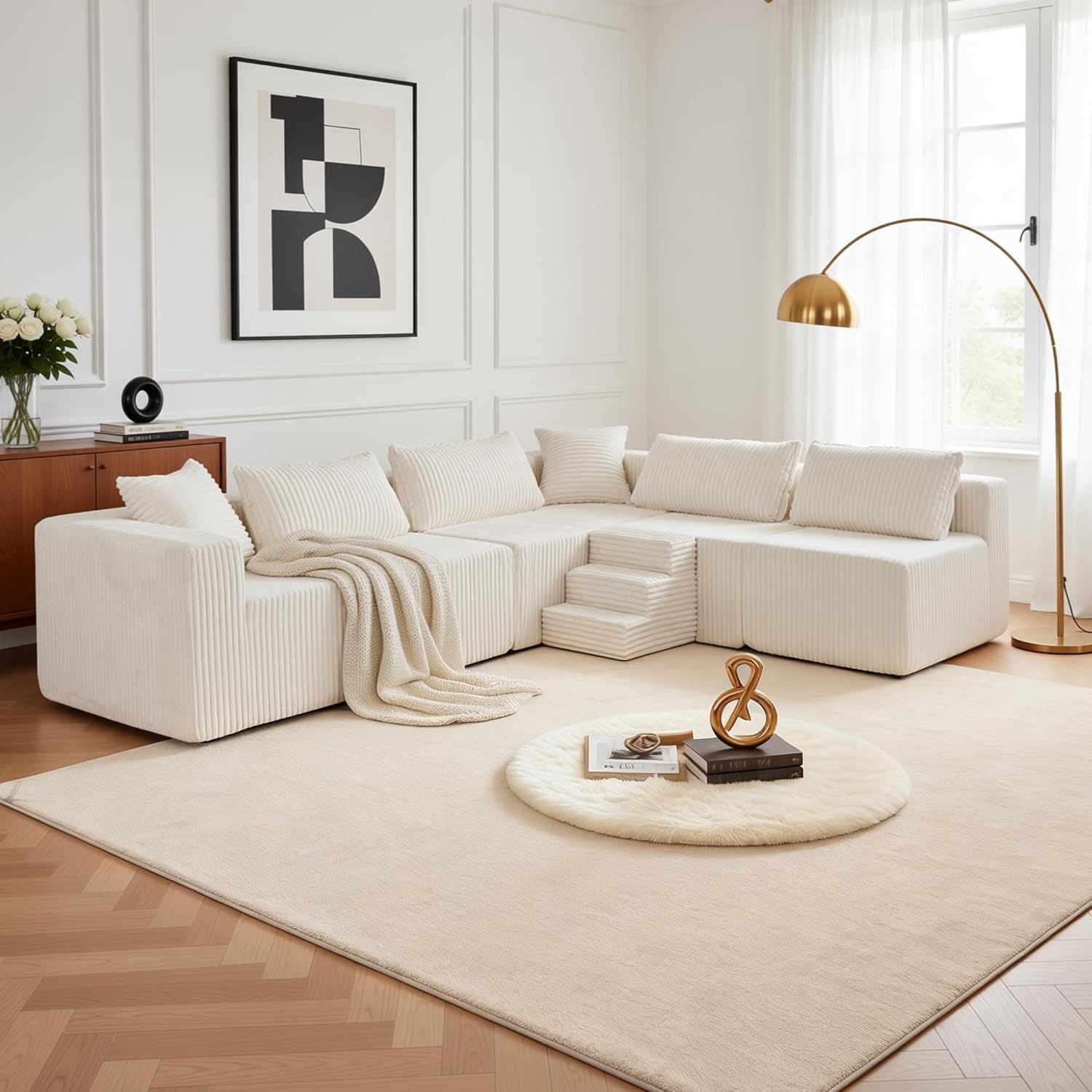 image:imageClaiks 128 Modular U Shaped Boneless Couch Oversized Sectional Bonless Couches for Living Room Modern Sofa with Pet Stairs No Assembly Required BlackKhaki