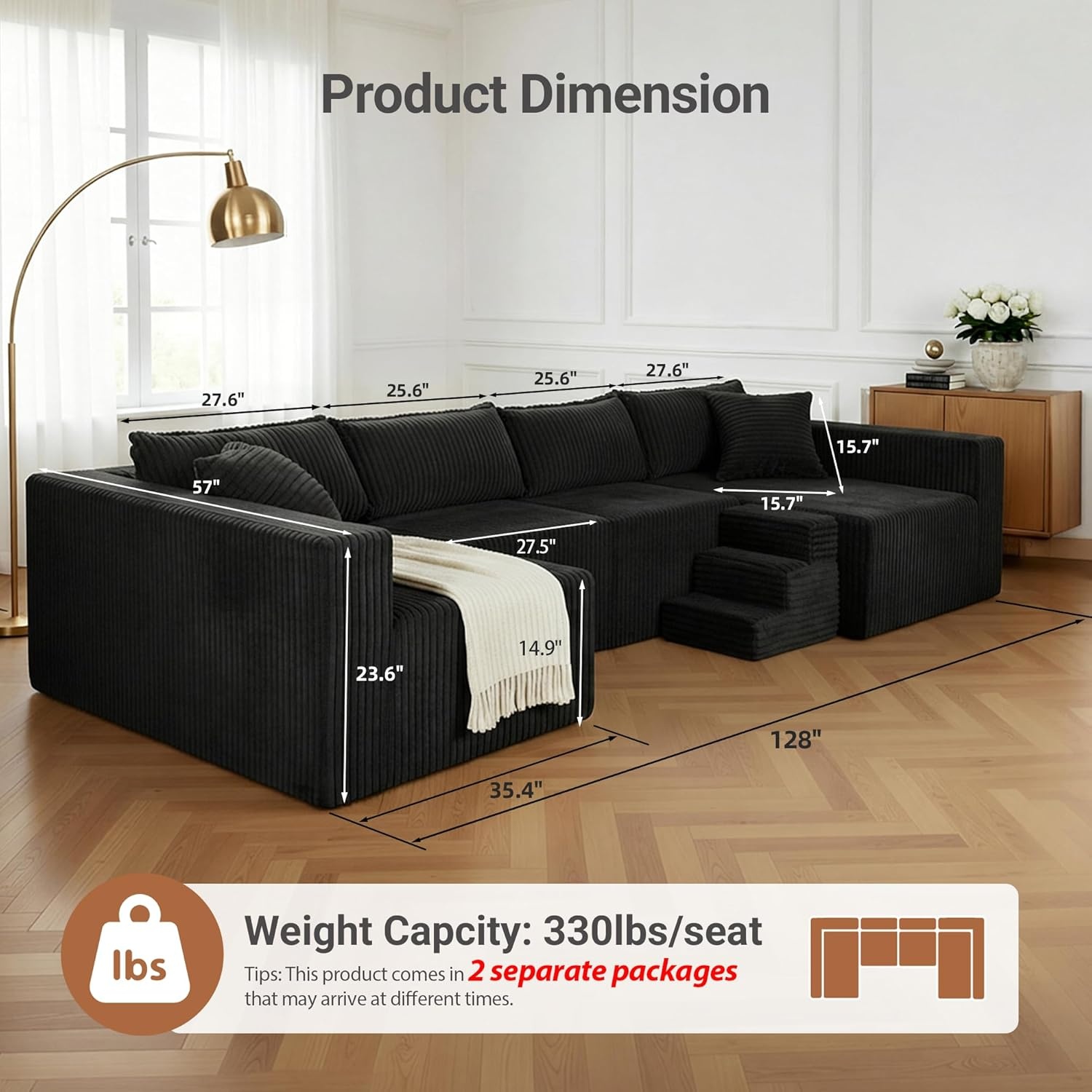 image:imageClaiks 128 Modular U Shaped Sectional Couch Deep Seat Bonless Couches for Living Room Modern Couch with Pet Stairs No Assembly Required Dark GreyBlack