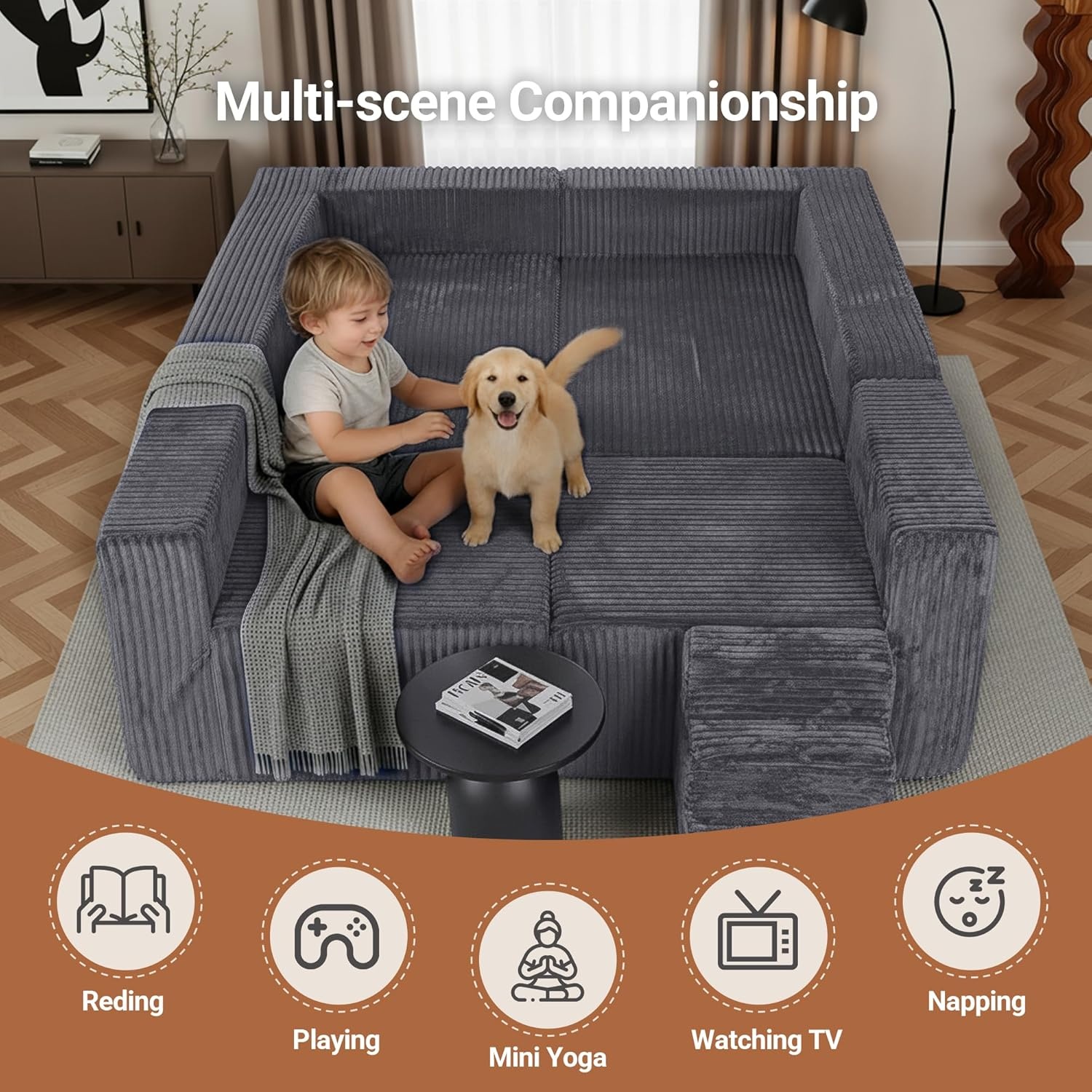 image:imageClaiks 128 Modular U Shaped Sectional Couch Deep Seat Bonless Couches for Living Room Modern Couch with Pet Stairs No Assembly Required Dark GreyDark Grey