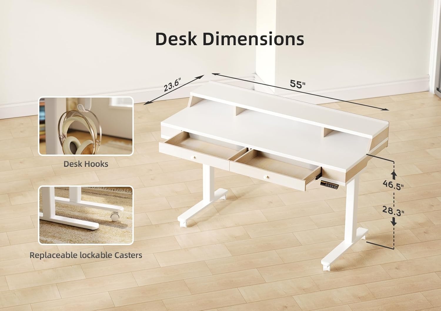 image:imageClaiks Electric Adjustable Standing Desk with Drawers Sit Stand Up Desk with Storage Shelves amp Wheels 55 Inch WhiteWhite