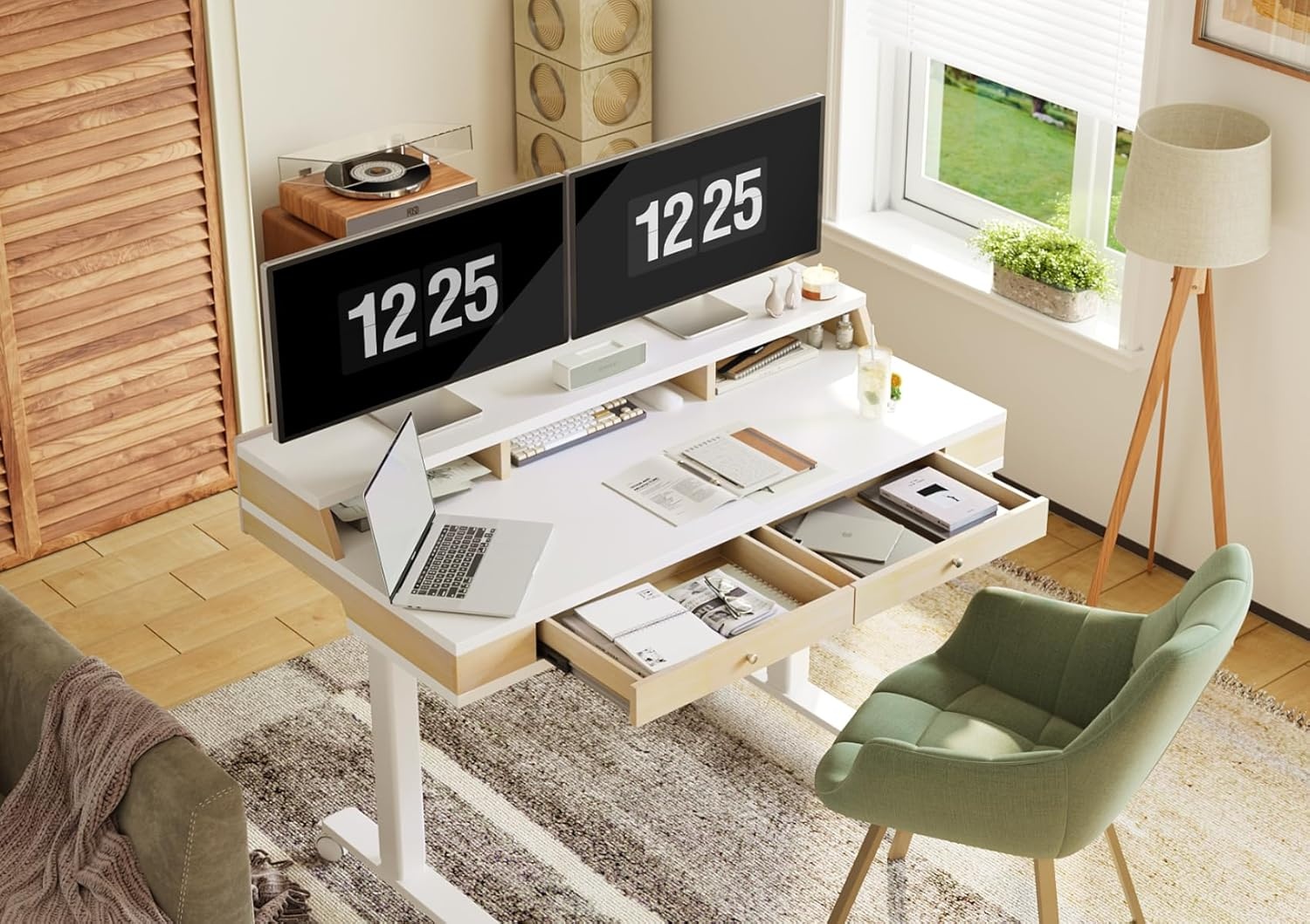image:imageClaiks Electric Adjustable Standing Desk with Drawers Sit Stand Up Desk with Storage Shelves amp Wheels 55 Inch WhiteWhite