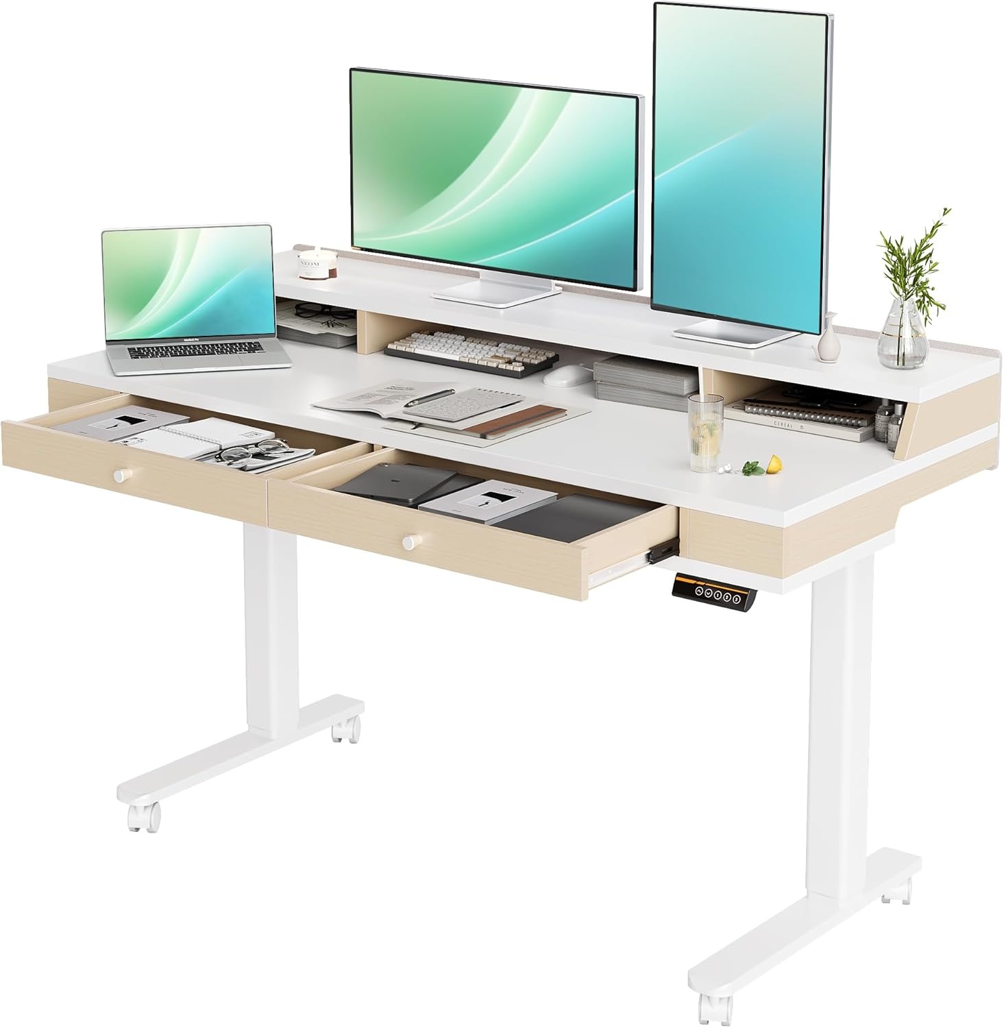 image:imageClaiks Electric Adjustable Standing Desk with Drawers Sit Stand Up Desk with Storage Shelves amp Wheels 55 Inch WhiteWhite