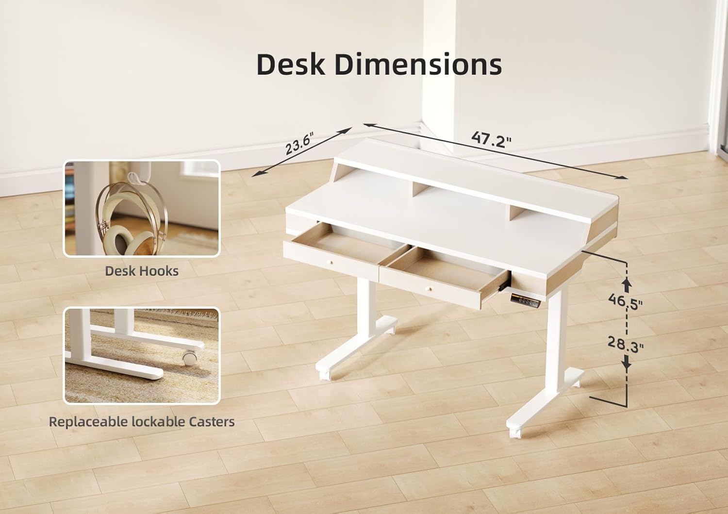 image:imageClaiks Electric Adjustable Standing Desk with Drawers Sit Stand Up Desk with Storage Shelves amp Wheels 55 Inch WhiteWhite