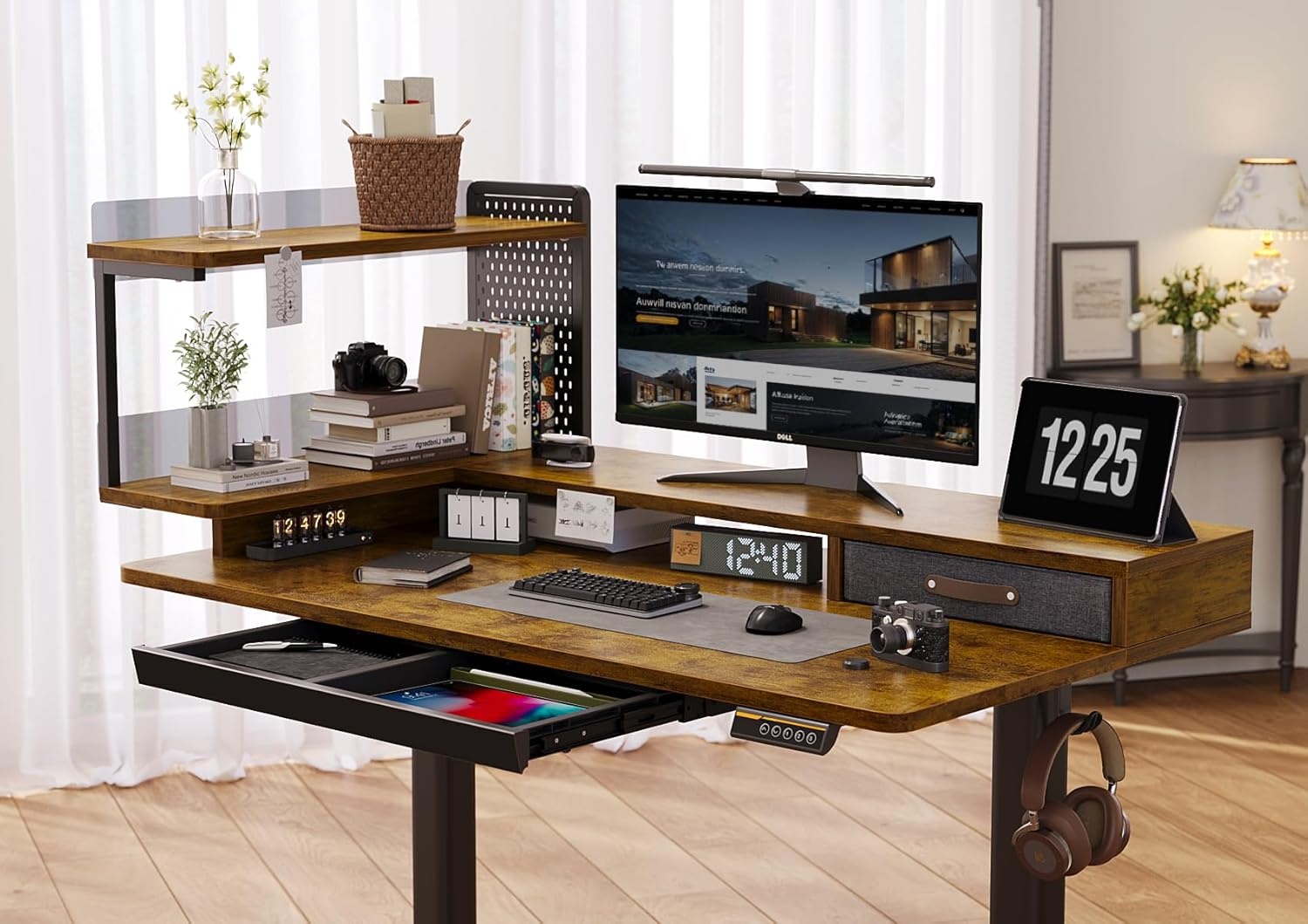 image:imageClaiks Electric Standing Desk with Storage Shelves 48 x 275 Inches Adjustable Height Stand up Desk with Drawers Sit Stand Home Office Desk with Splice Board Rustic Brown Top