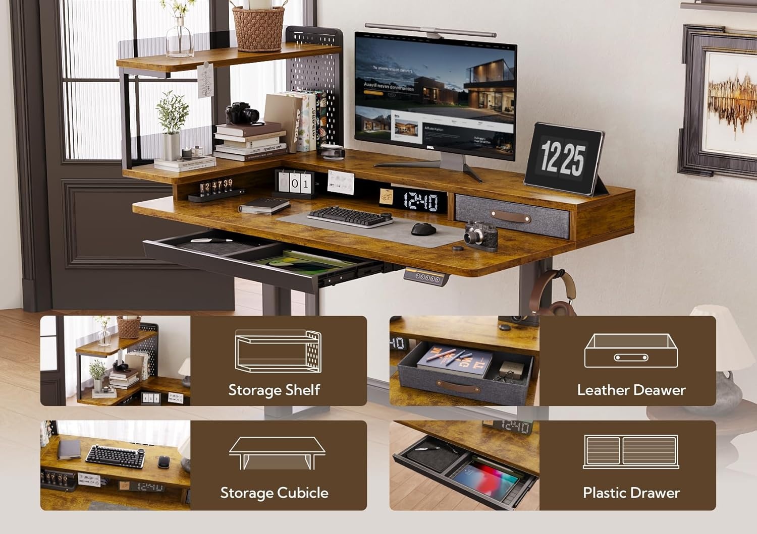 image:imageClaiks Electric Standing Desk with Storage Shelves 48 x 275 Inches Adjustable Height Stand up Desk with Drawers Sit Stand Home Office Desk with Splice Board Rustic Brown Top