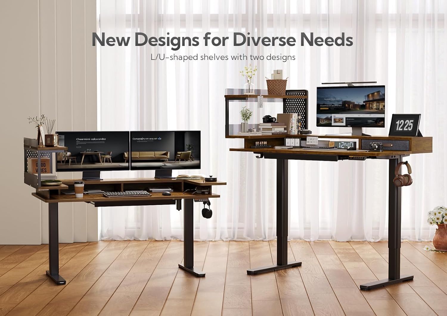 image:imageClaiks Electric Standing Desk with Storage Shelves 48 x 275 Inches Adjustable Height Stand up Desk with Drawers Sit Stand Home Office Desk with Splice Board Rustic Brown Top