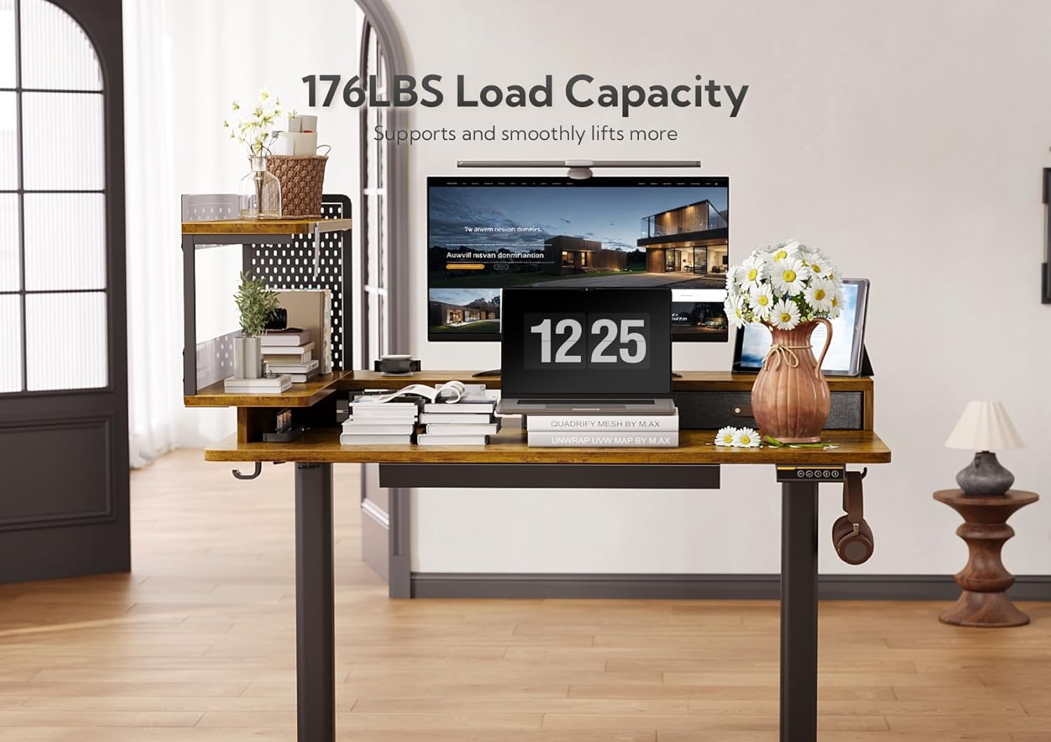 image:imageClaiks Electric Standing Desk with Storage Shelves 48 x 275 Inches Adjustable Height Stand up Desk with Drawers Sit Stand Home Office Desk with Splice Board Rustic Brown Top