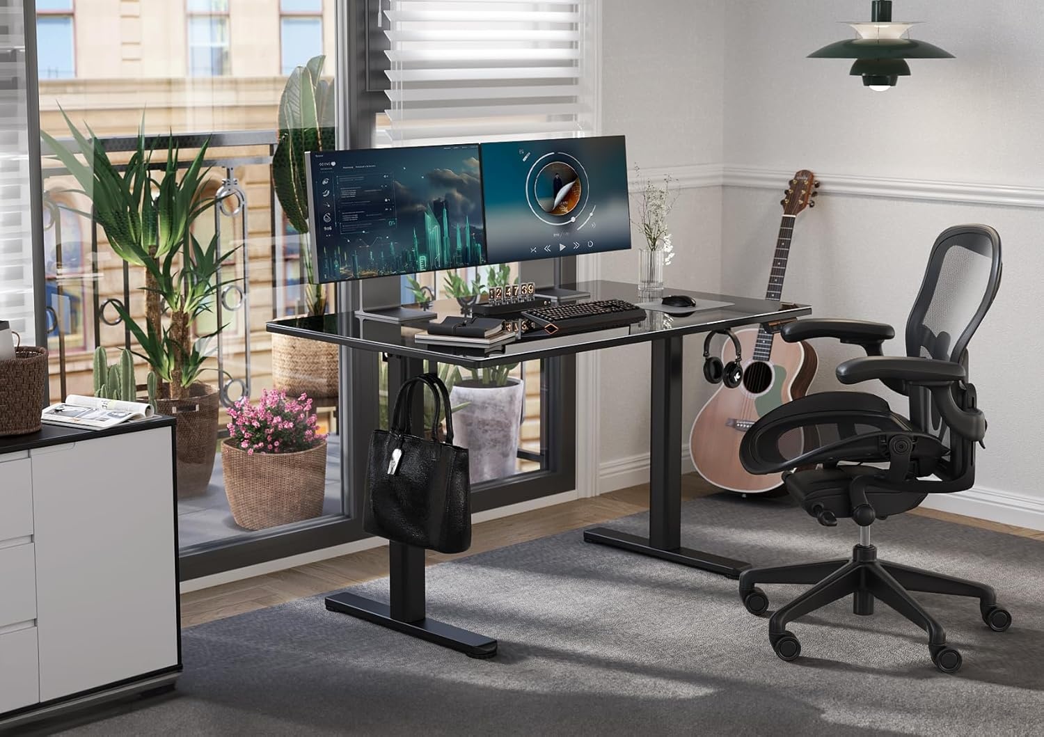 image:imageClaiks Glass Standing Desk 48x24 Inch Electric Standing Desk Adjustable Height Quick Install Home Office Computer Desk BlackBlack