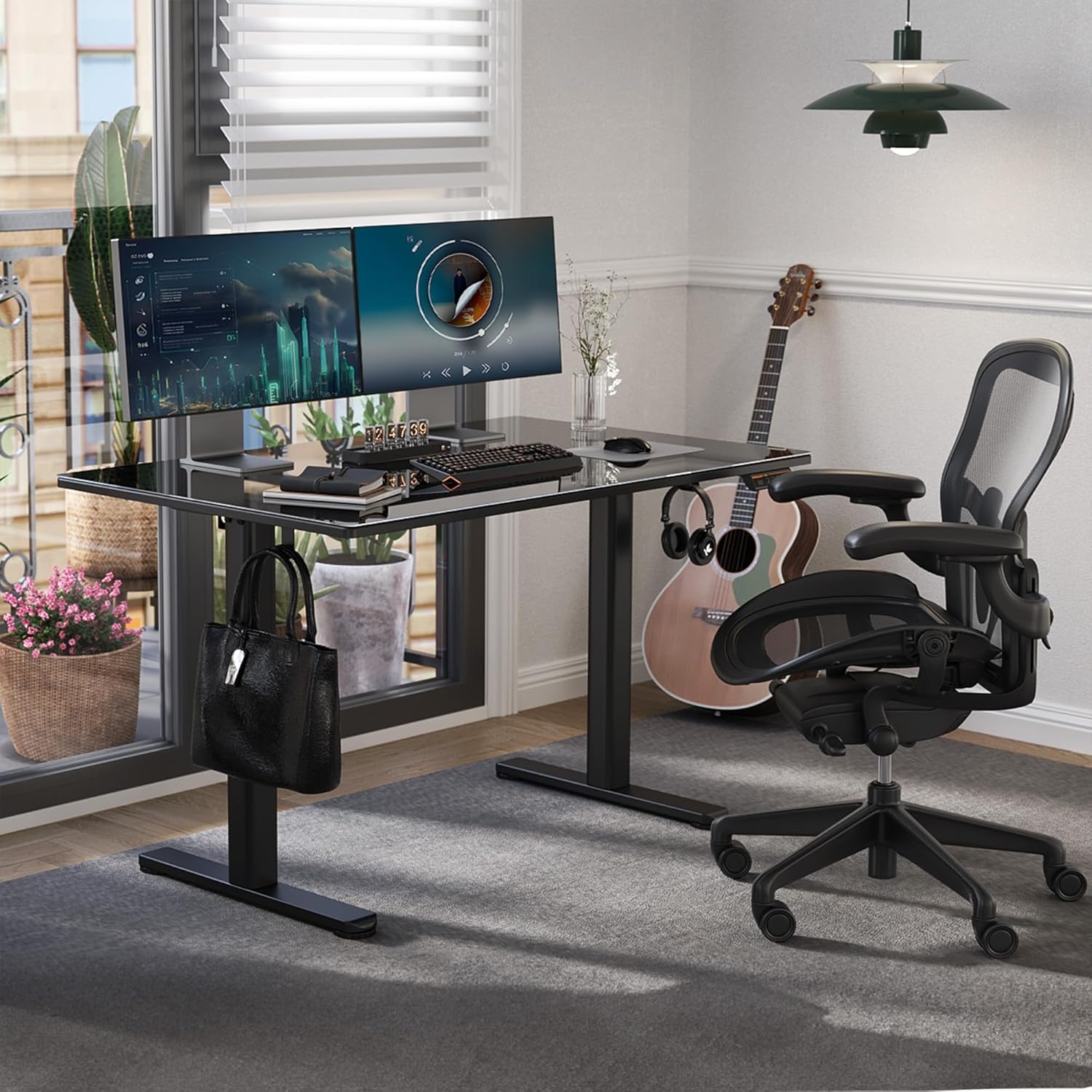 image:imageClaiks Glass Standing Desk 48x24 Inch Electric Standing Desk Adjustable Height Quick Install Home Office Computer Desk BlackCool Black