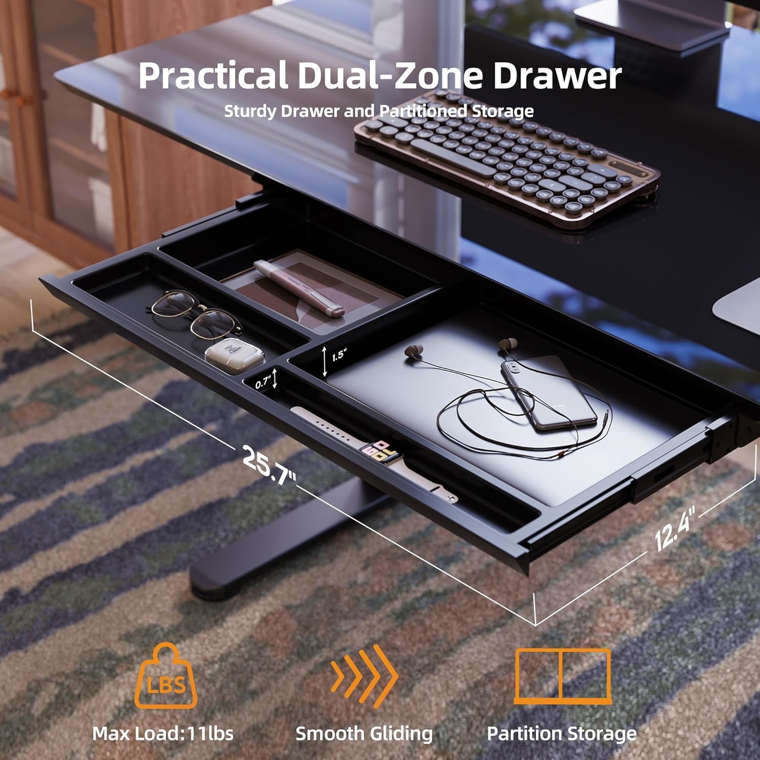 image:imageClaiks Glass Standing Desk with Drawers 4024 Inch Adjustable Stand Up Desk Quick Install Home Office Computer Desk WhiteBlack