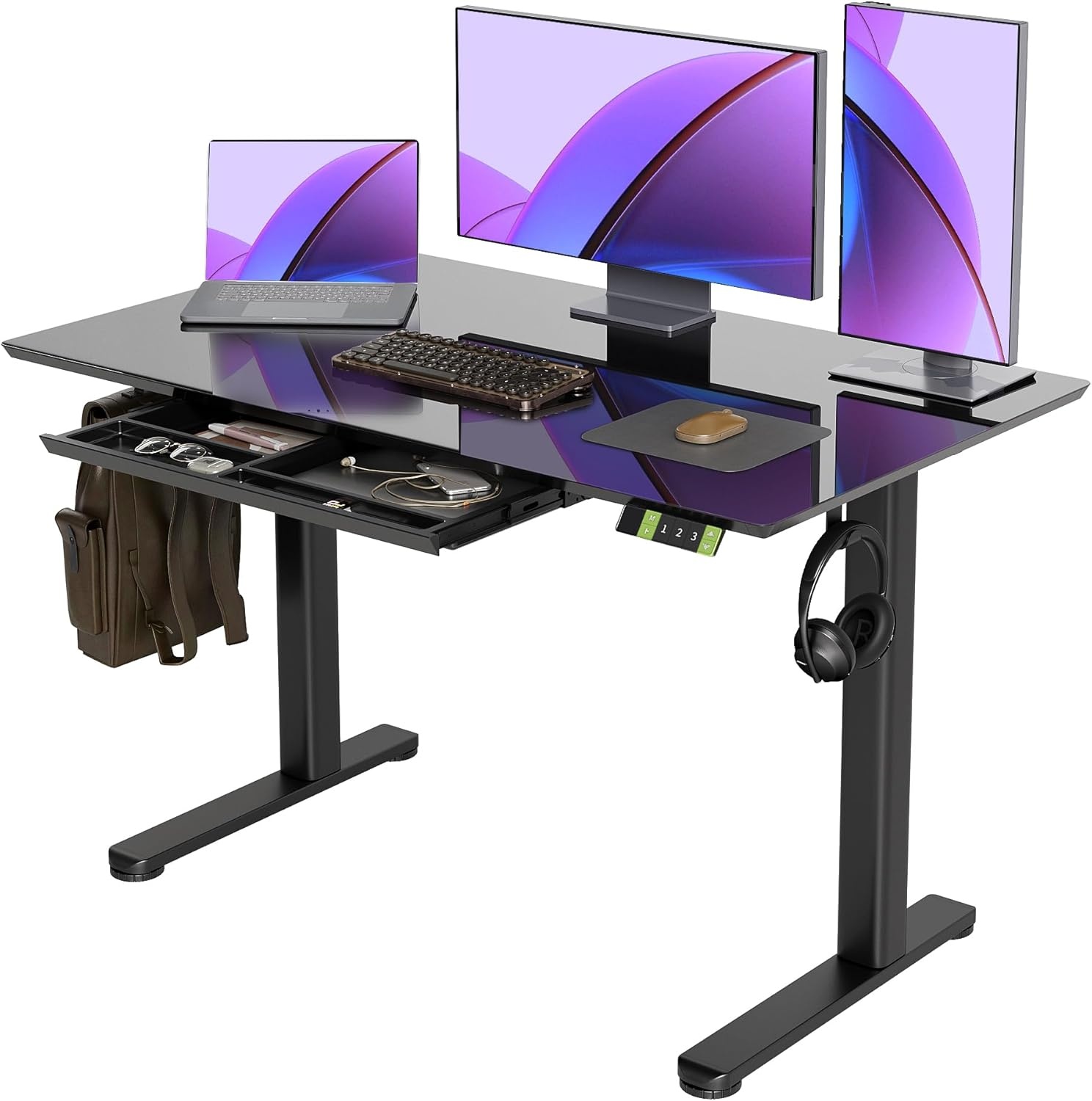 image:imageClaiks Glass Standing Desk with Drawers 4024 Inch Adjustable Stand Up Desk Quick Install Home Office Computer Desk WhiteBlack