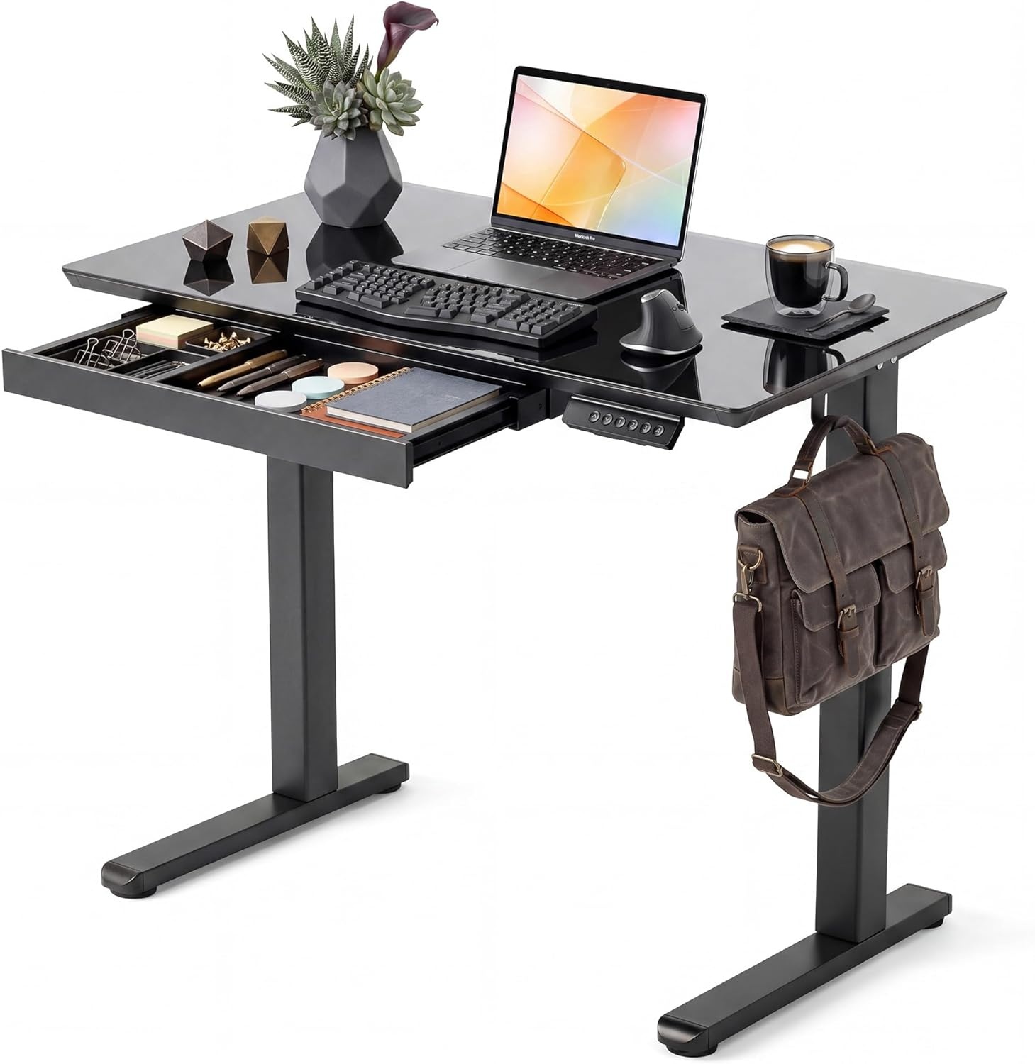 image:imageClaiks Glass Standing Desk with Drawers 4024 Inch Adjustable Stand Up Desk Quick Install Home Office Computer Desk WhiteBlack