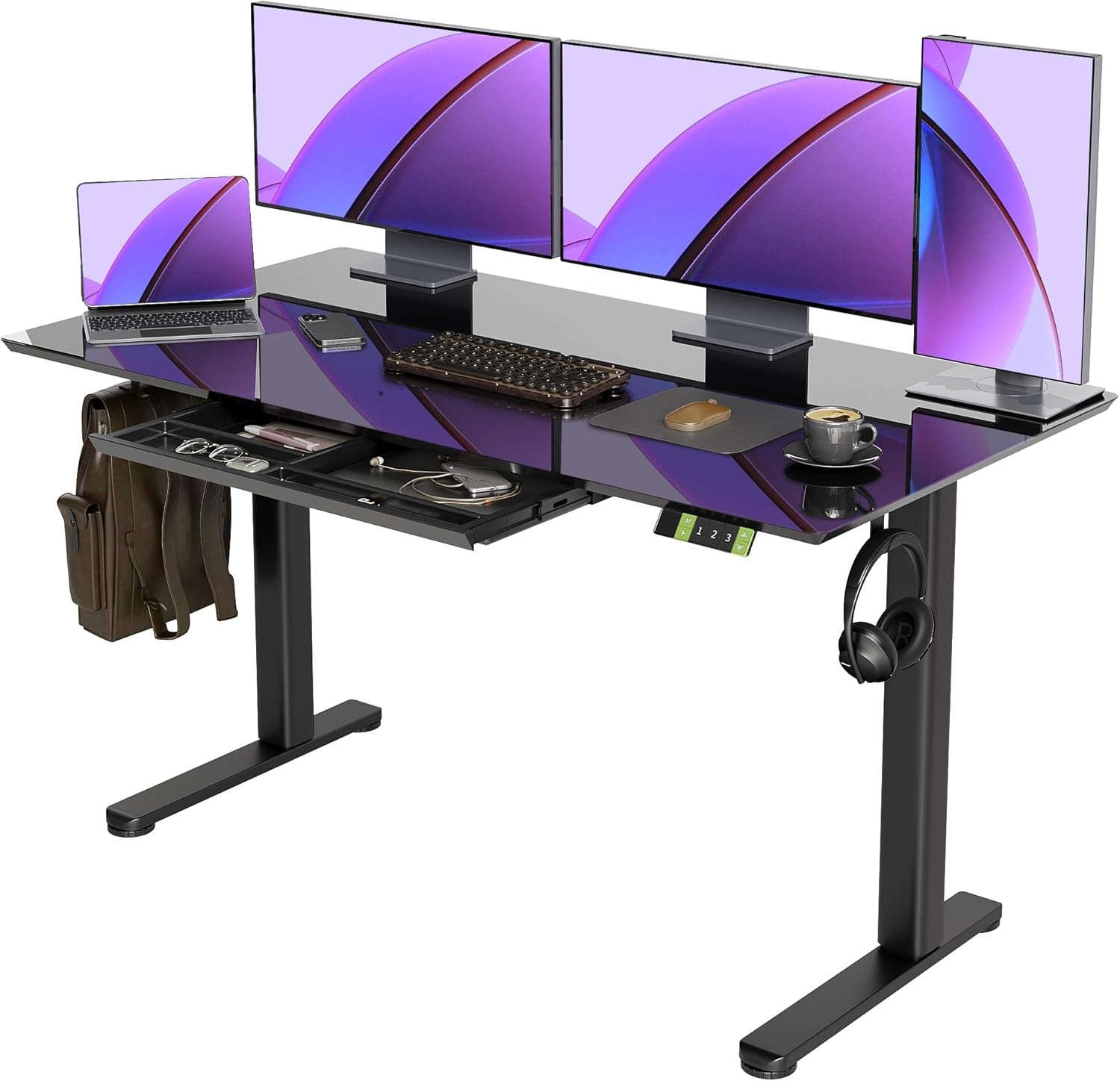 image:imageClaiks Glass Standing Desk with Drawers 4024 Inch Adjustable Stand Up Desk Quick Install Home Office Computer Desk WhiteBlack