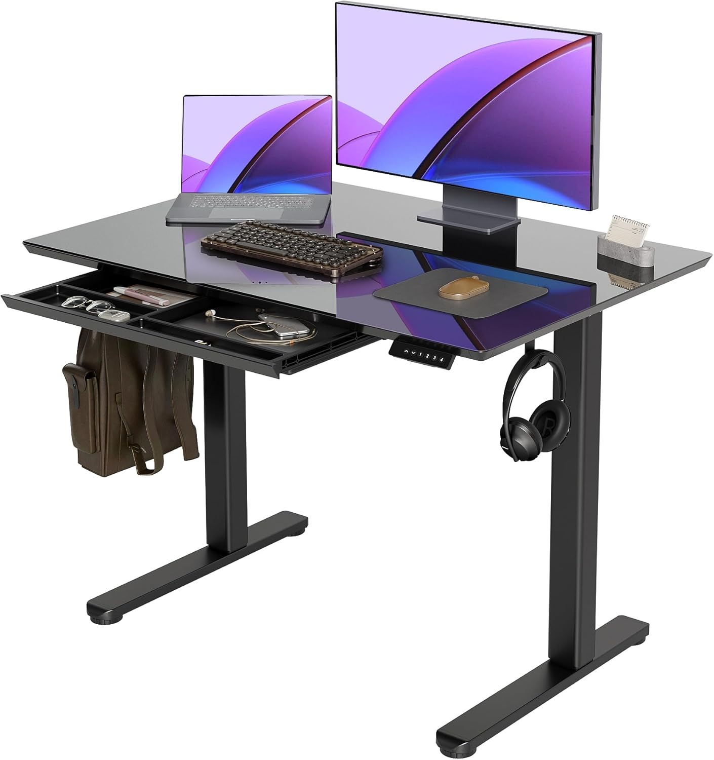 image:imageClaiks Glass Standing Desk with Drawers 4024 Inch Adjustable Stand Up Desk Quick Install Home Office Computer Desk WhiteBlack