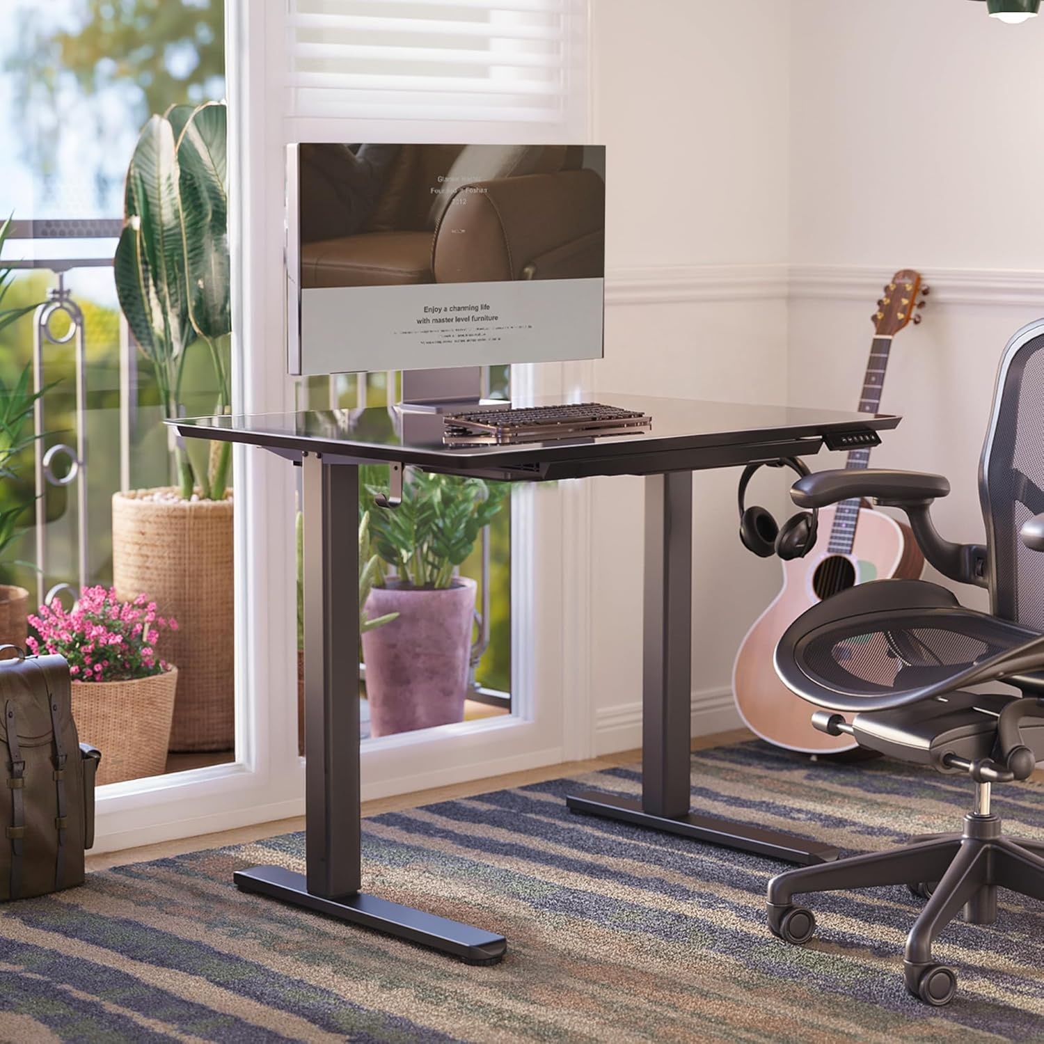 image:imageClaiks Glass Standing Desk with Drawers 4024 Inch Adjustable Stand Up Desk Quick Install Home Office Computer Desk WhiteBlack