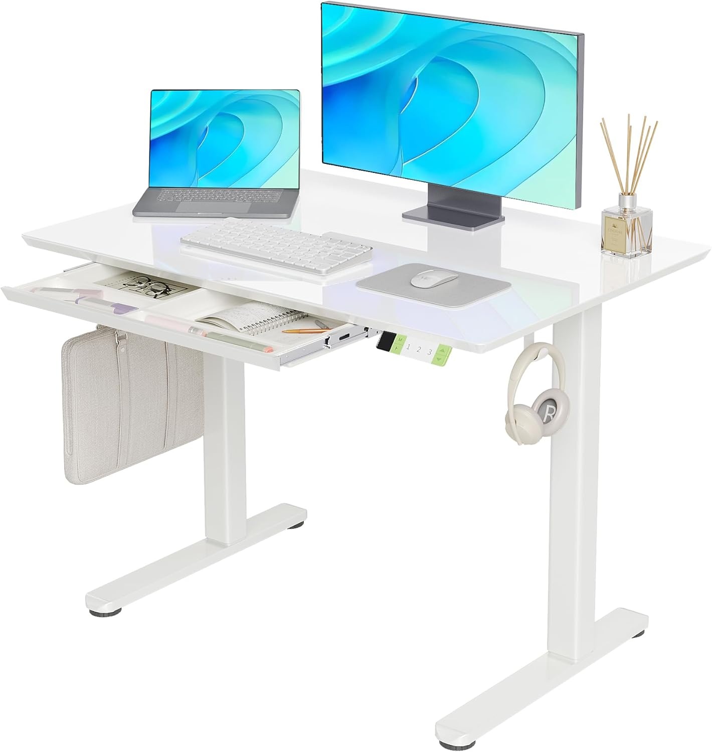 image:imageClaiks Glass Standing Desk with Drawers 4024 Inch Adjustable Stand Up Desk Quick Install Home Office Computer Desk WhiteSuper White
