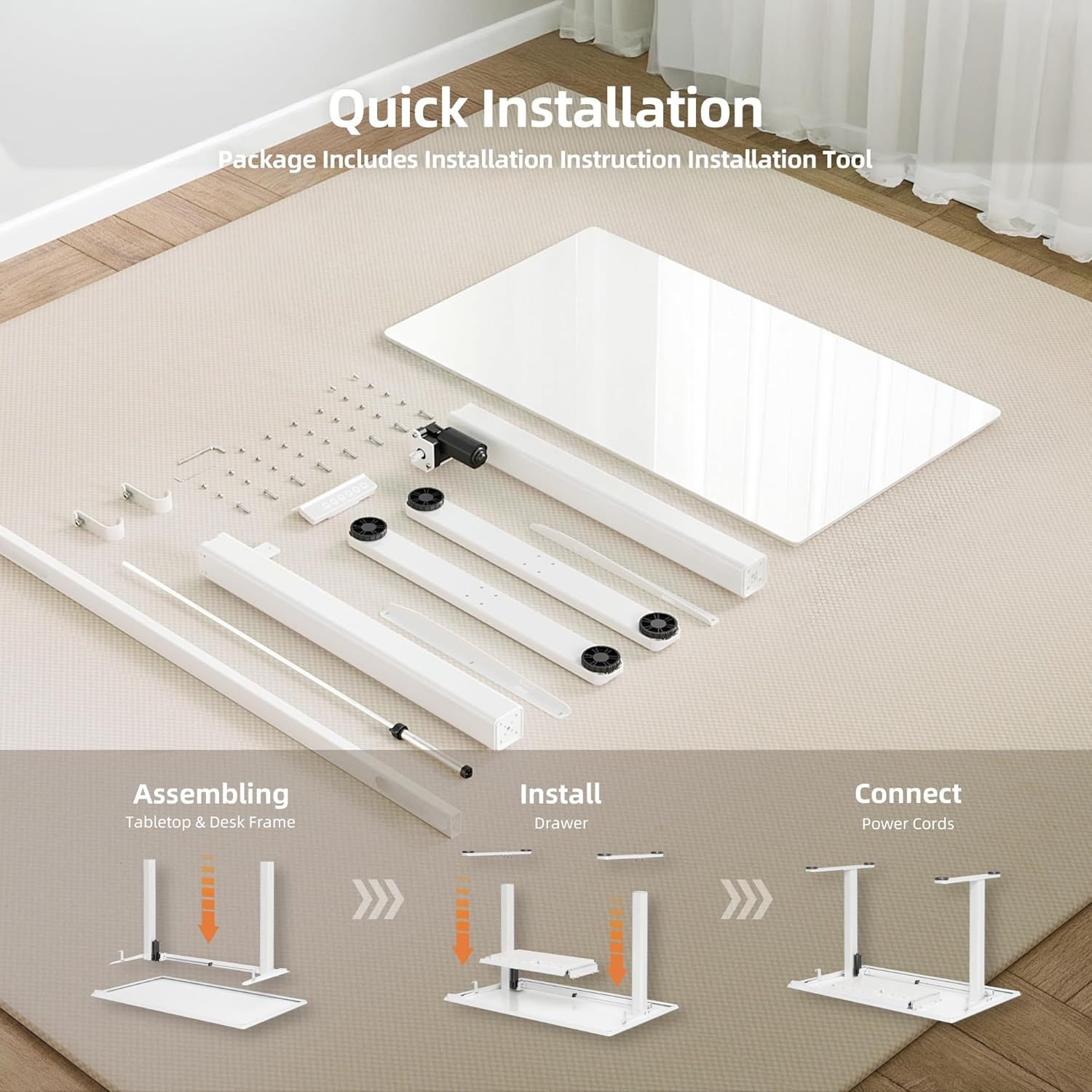 image:imageClaiks Glass Standing Desk with Drawers 4024 Inch Adjustable Stand Up Desk Quick Install Home Office Computer Desk WhiteSuper White