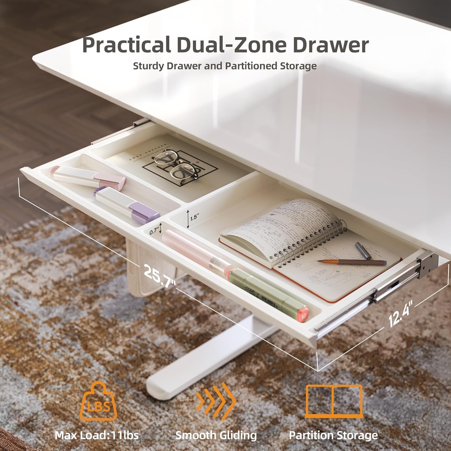 image:imageClaiks Glass Standing Desk with Drawers 4024 Inch Adjustable Stand Up Desk Quick Install Home Office Computer Desk WhiteSuper White