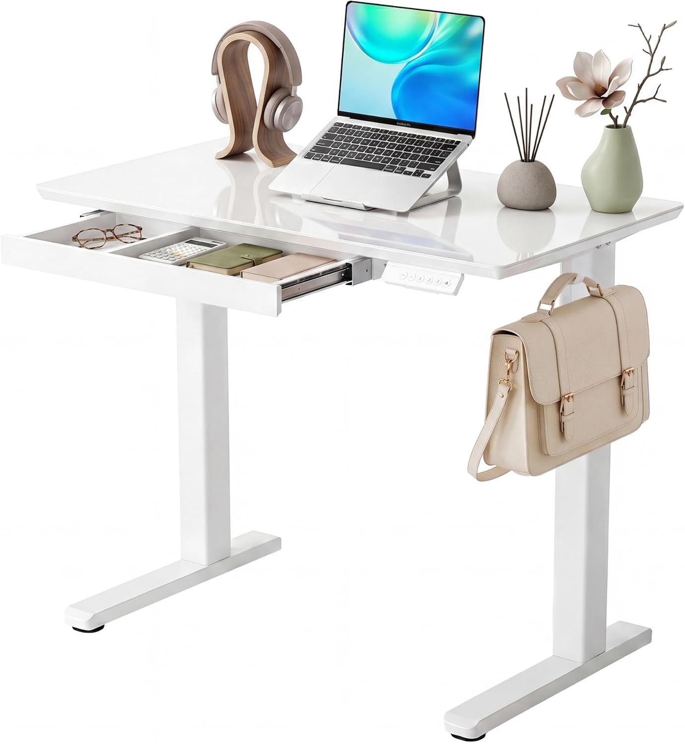 image:imageClaiks Glass Standing Desk with Drawers 4024 Inch Adjustable Stand Up Desk Quick Install Home Office Computer Desk WhiteSuper White