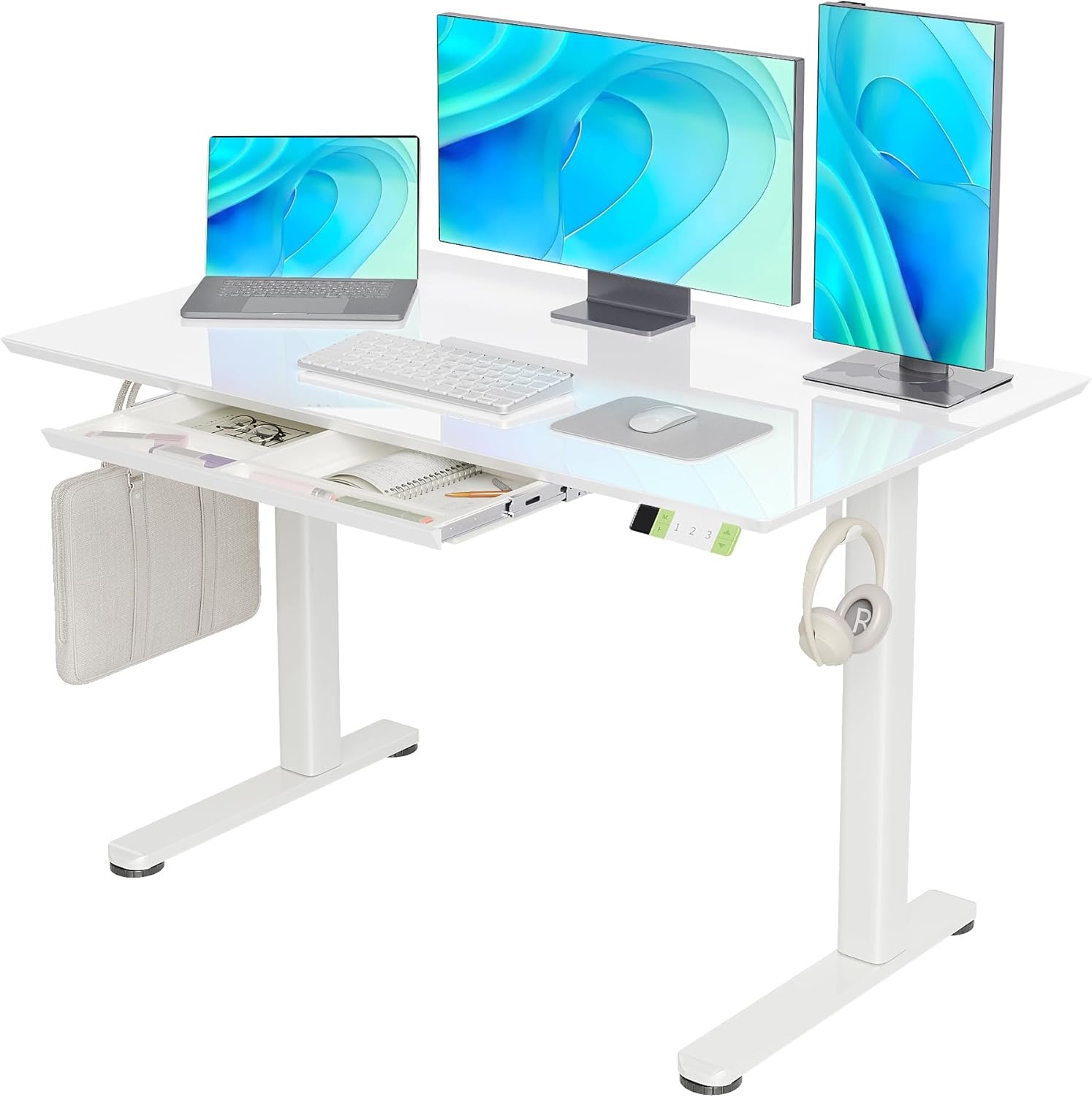 image:imageClaiks Glass Standing Desk with Drawers 4024 Inch Adjustable Stand Up Desk Quick Install Home Office Computer Desk WhiteSuper White