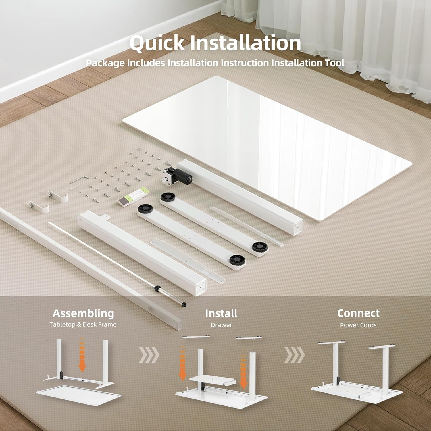 image:imageClaiks Glass Standing Desk with Drawers 4024 Inch Adjustable Stand Up Desk Quick Install Home Office Computer Desk WhiteSuper White