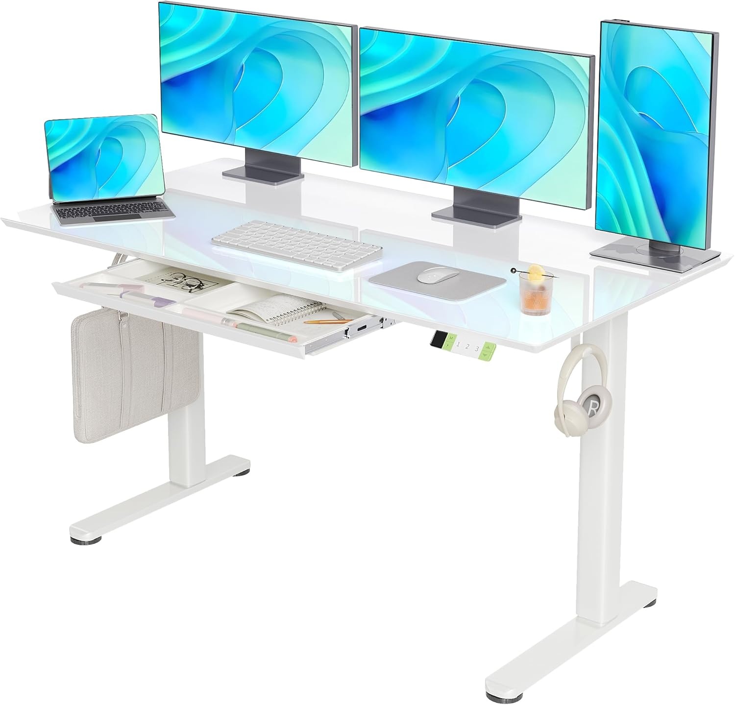 image:imageClaiks Glass Standing Desk with Drawers 4024 Inch Adjustable Stand Up Desk Quick Install Home Office Computer Desk WhiteSuper White