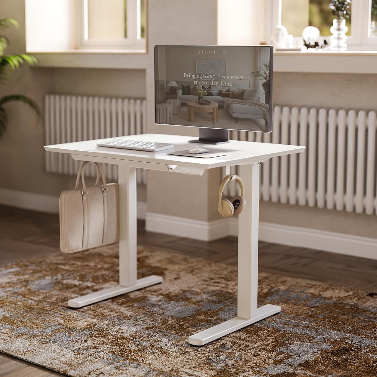 image:imageClaiks Glass Standing Desk with Drawers 4024 Inch Adjustable Stand Up Desk Quick Install Home Office Computer Desk WhiteSuper White