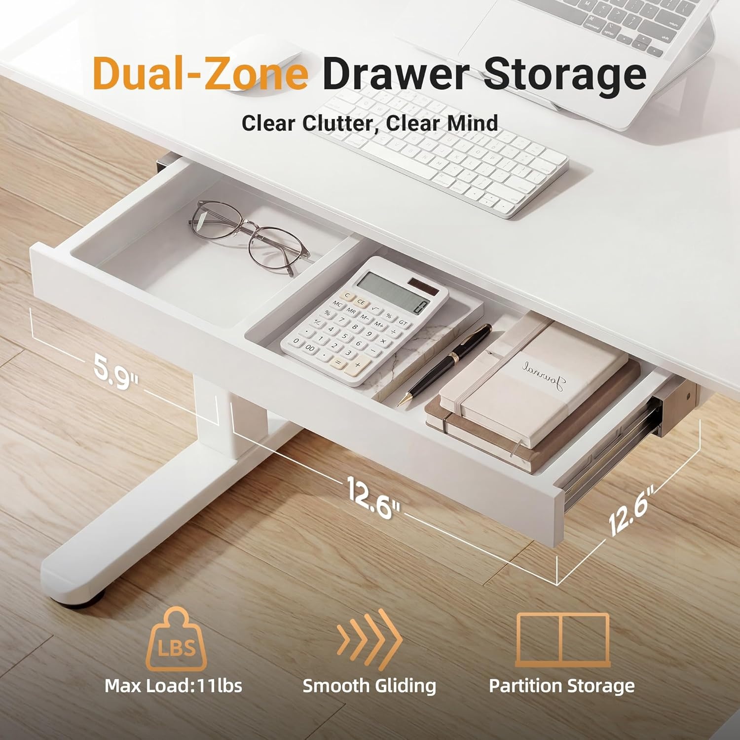 image:imageClaiks Glass Standing Desk with Drawers 4024 Inch Adjustable Stand Up Desk Quick Install Home Office Computer Desk WhiteSuper White